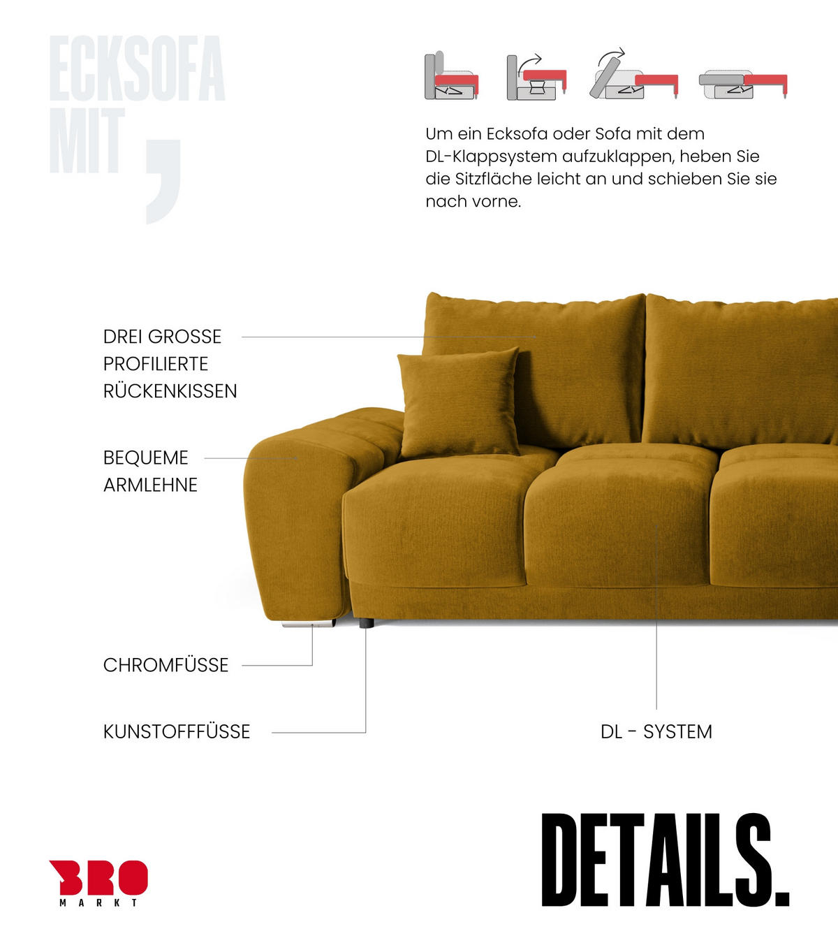 ECKSOFA Nubes mit Schlaffunktion Gelb Plüsch - Gelb/Silberfarben, Kunststoff/Textil (290/180cm) - Bromarkt