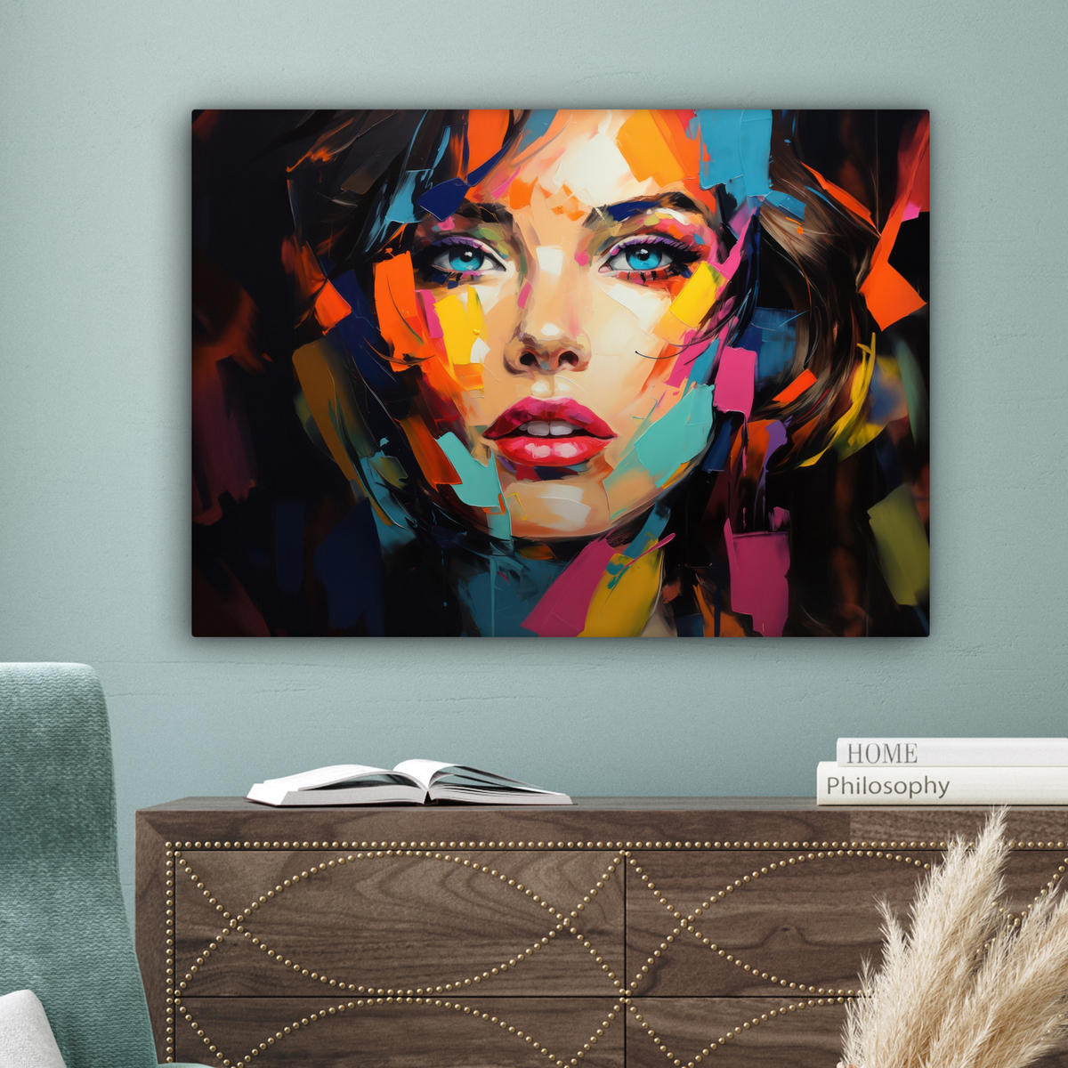 LEINWANDBILD Frau - Porträt - Farbenfroh - Kunst Wandbilder 80x60 cm - Multicolor, Textil (80/60cm) - MuchoWow