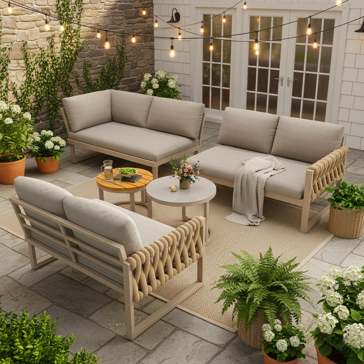 LOUNGE SESTAVA kovová, béžová rohová pohovka se 2 odkládacími stolky - béžová, kov - Urban Meuble