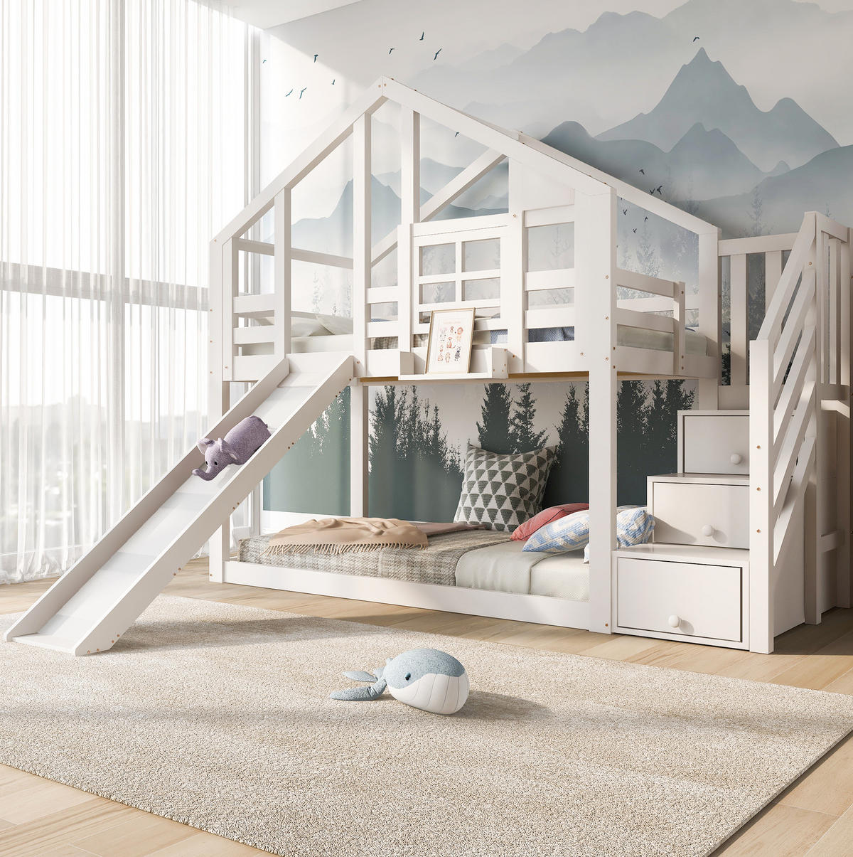 ETAGENBETT Baumhaus 90 x 200 cm Weiß mit Rutsche und Stauraum - Weiß, Holz (90/200cm) - MIVRAY