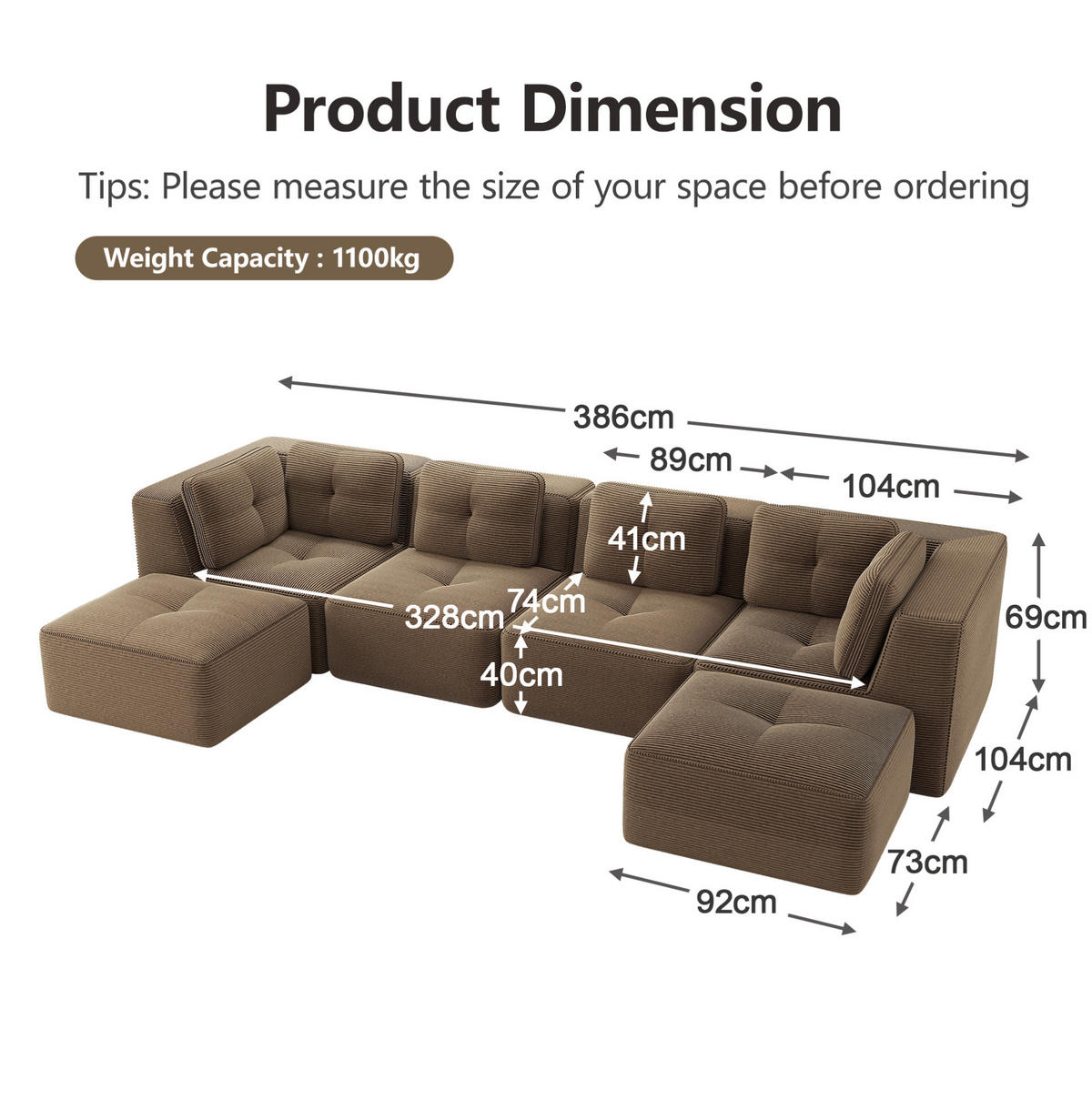ECKSOFA 386/177/69 cm braun aus Cord mit modularem Design und rutschfestem Standfuß - Braun, Textil (177/386cm) - OKWISH