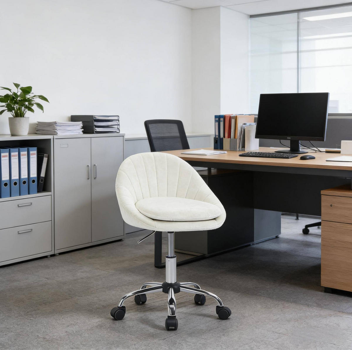 BÜROSTUHL höhenverstellbar drehbar Samt Beige mit Rollen - Beige, Metall (52/82/47.5cm) - Meubliv