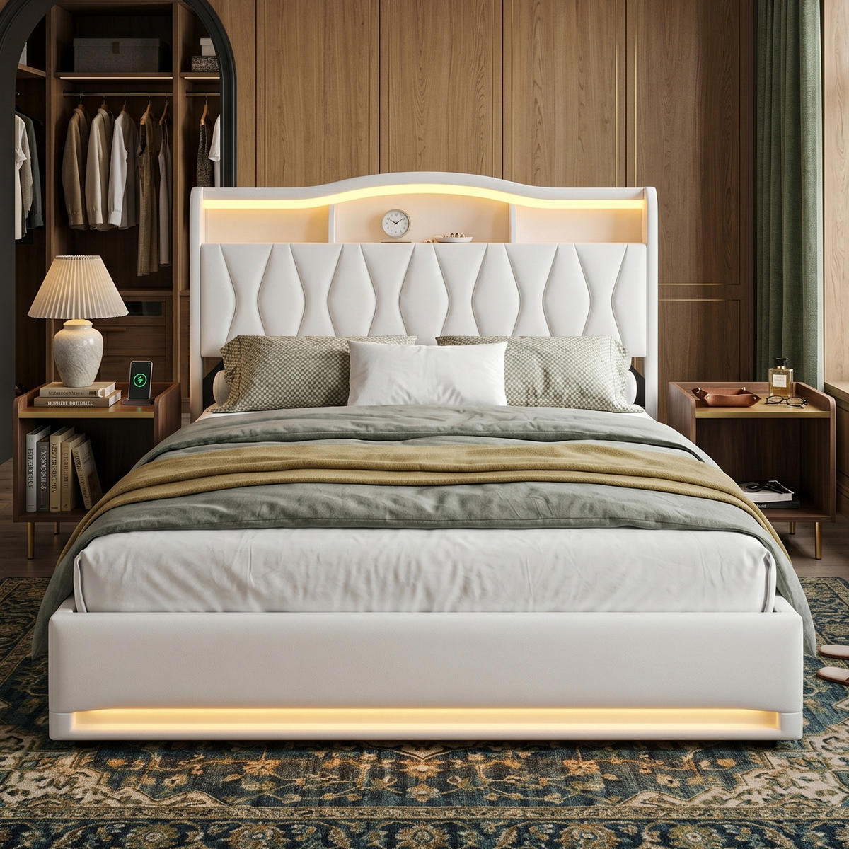 POLSTERBETT Rhombus 140/200 cm mit Bettkasten & App-LED Samtoptik Beige - Beige, Textil (140/200cm) - Creahappy