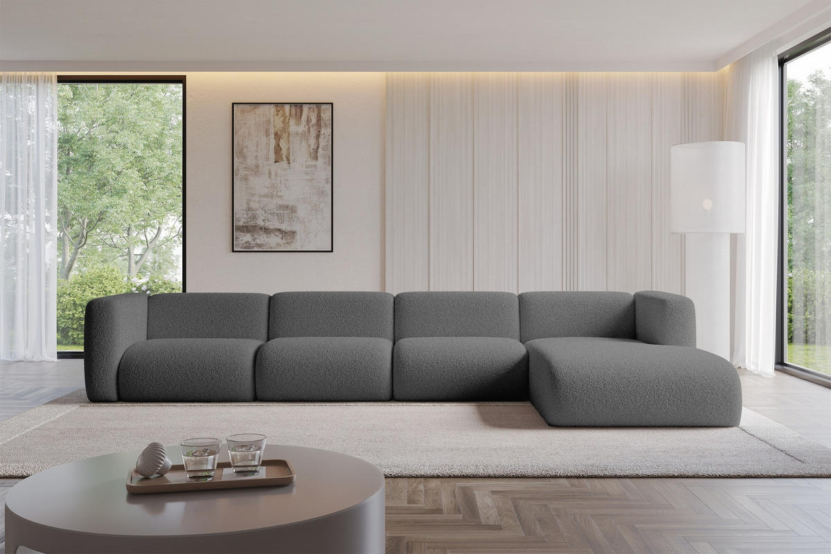 ECKSOFA Ottomane Rechts MIRA-L3 409x179x70 Grau Bouclé - Platinfarben/Schwarz, Holzwerkstoff/Kunststoff (409/179cm) - ALTDECOR