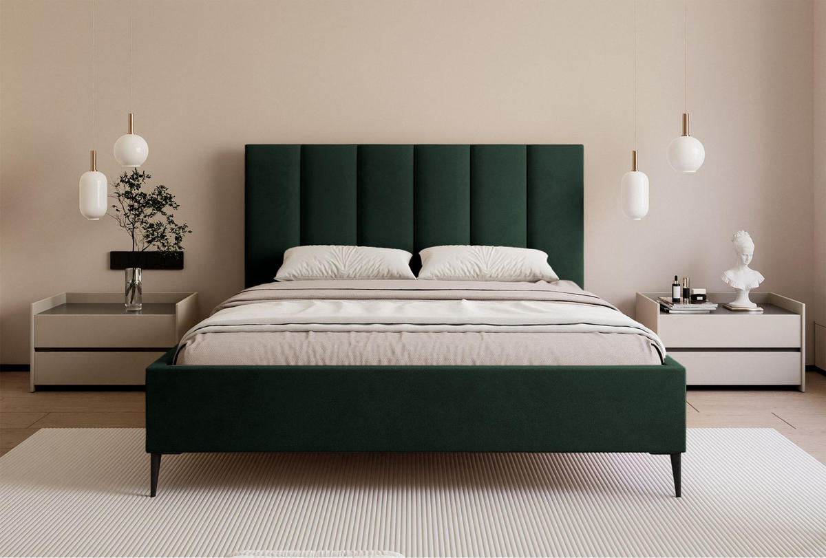 POLSTERBETT Masego Dunkelgrün mit Metallbeinen, Velours, 140x200 cm - Dunkelgrün/Schwarz, Textil/Metall (140/200cm) - Selsey