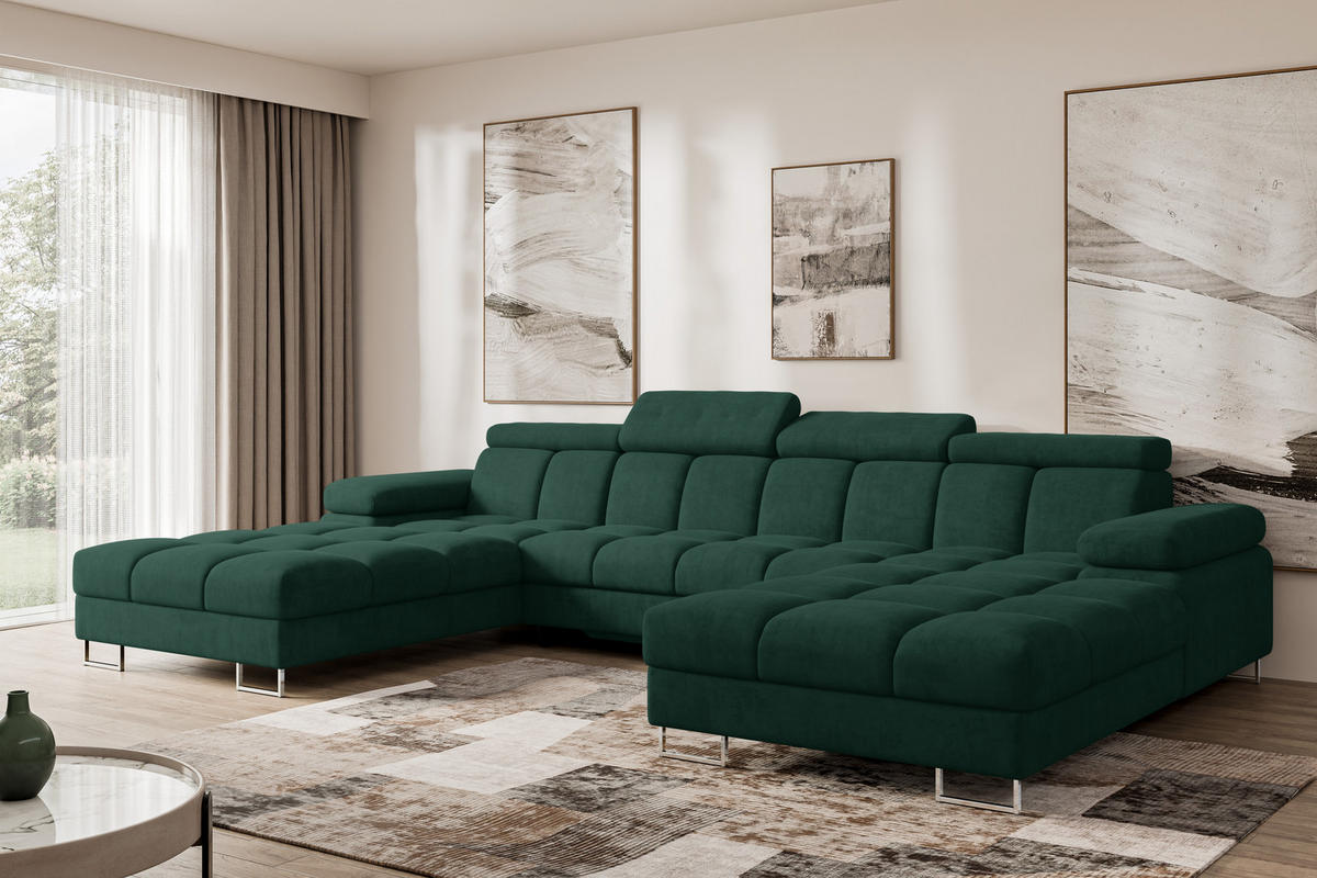 WOHNLANDSCHAFT mit Schlaffunktion und Bettkasten COMA U2 345x203x79 Grün Velours - Grün, Holzwerkstoff/Textil (345/79/203cm) - ALTDECOR