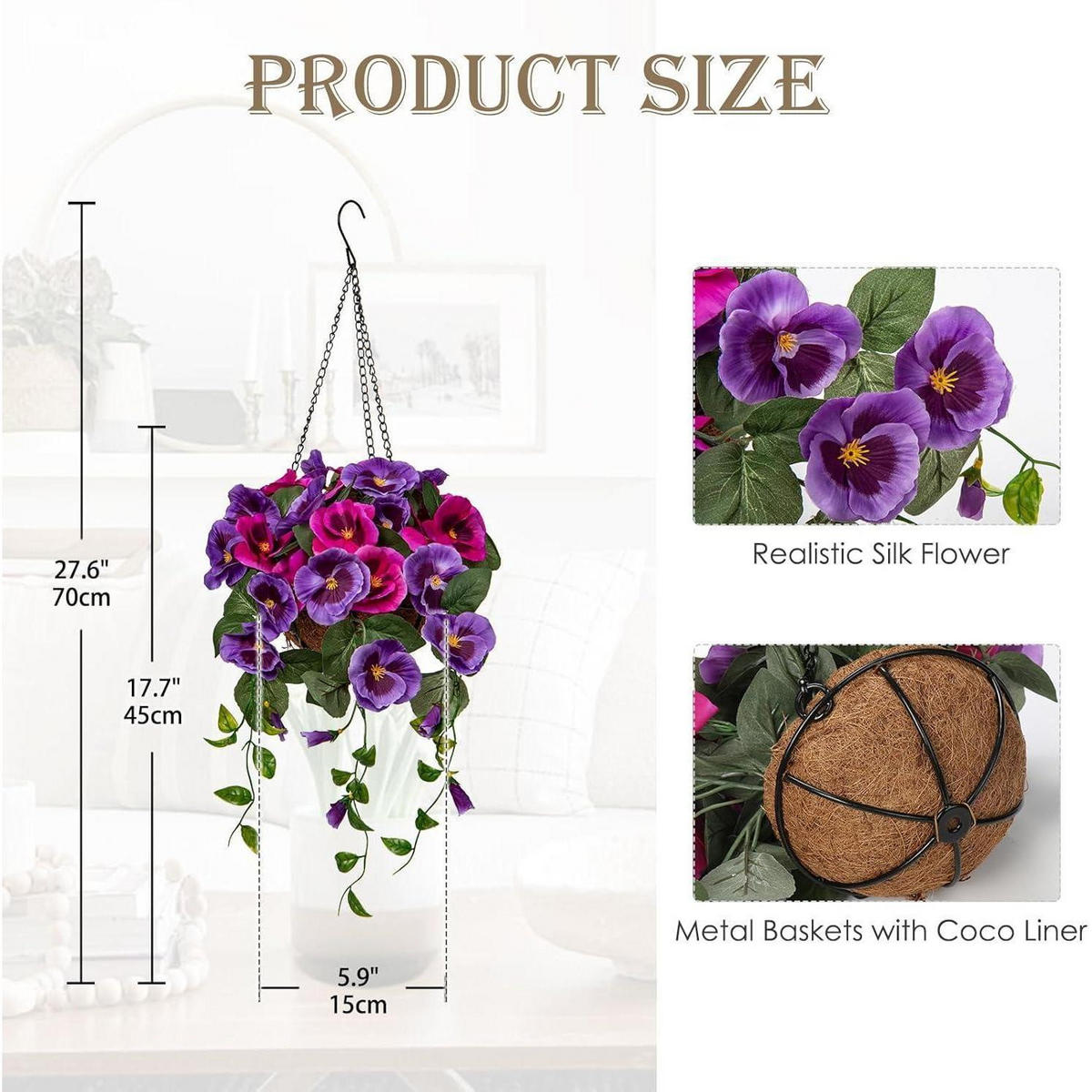 KUNSTBLUME Stiefmütterchen mit Hängeampel 70 cm Lila - Multicolor, Textil (22cm)