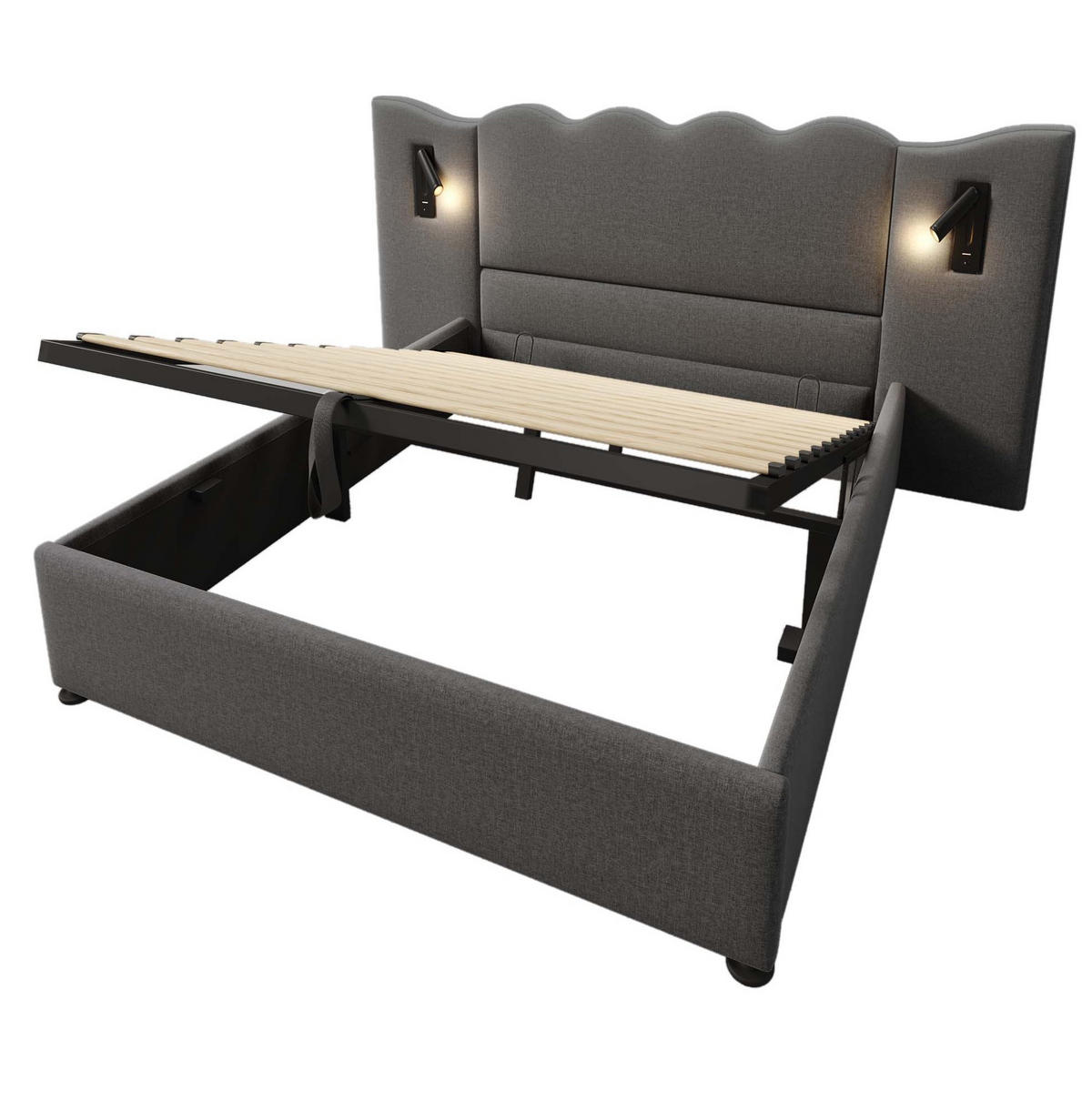 POLSTERBETT 160/200 cm mit Bettkasten, USB-C und Leselampe, inkl. Lattenrost - Grau, Textil (160/200cm) - BEAOK