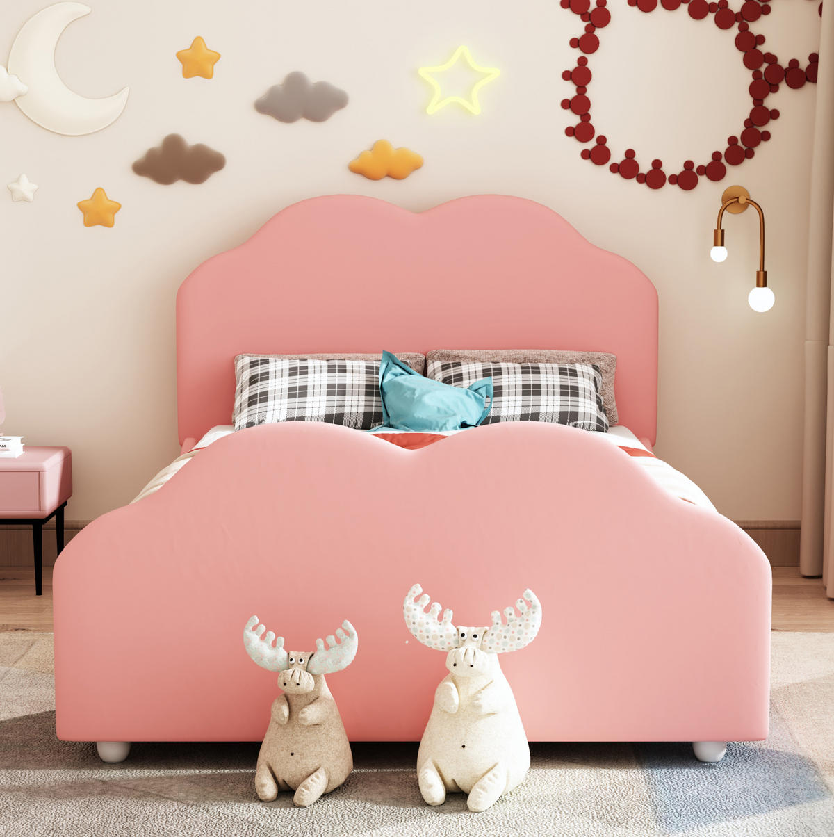 KINDERBETT 90/200 cm mit Schutzgitter und wolkenförmigem Design aus Samt, Rosa - Pink, Textil (90/200cm) - Redom