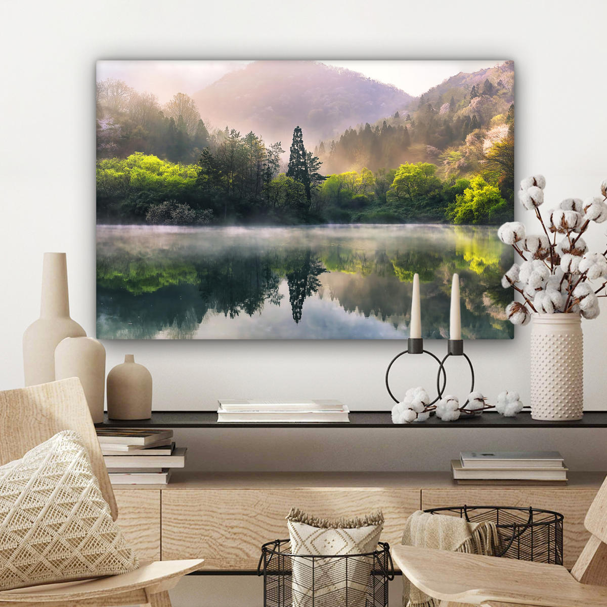 LEINWANDBILD Natur - Bäume - Berge - See - Wasser Wanddeko 90x60 cm - Hellgrün, Textil (90/60cm) - MuchoWow