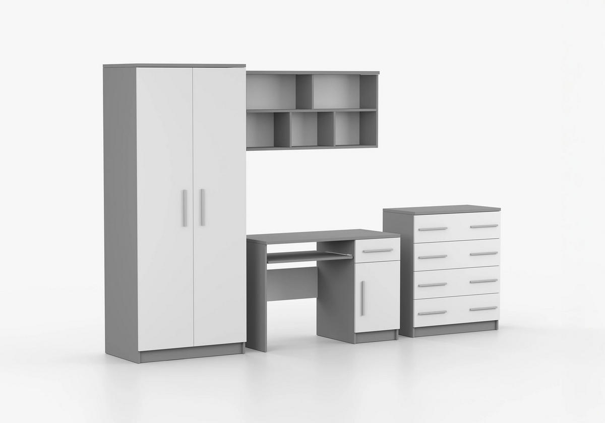 JUGENDZIMMER Arivo in Weiß und Grau 4 teilig Kinderzimmer Komplett Set mit Kleiderschrank, Schreibtisch, Kommode und Wandregal - Weiß, Holzwerkstoff (80/200/120cm)