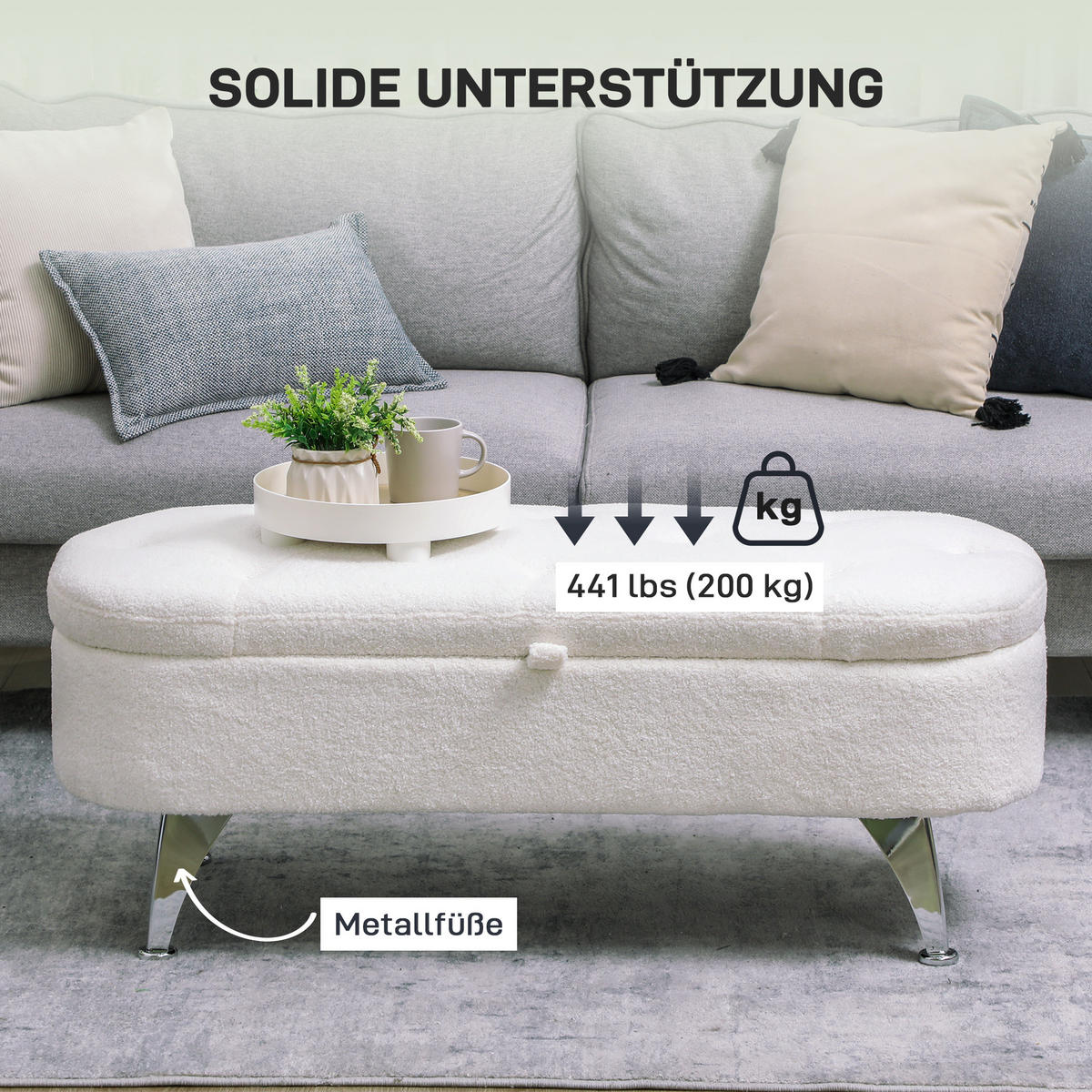 SITZBANK mit Stauraum, Polsterbank mit Deckel, Bettbank mit Teddysamtoptik - Weiß, Kunststoff (47/46.5/114cm) - HOMCOM