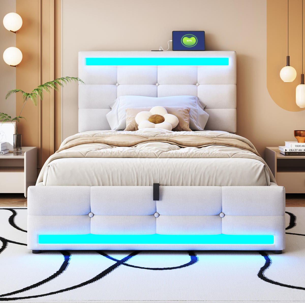 POLSTERBETT 90/200 cm mit RGB-LED, USB-Anschlüssen und verstellbarem Kopfteil, Beige - Beige, Textil (90/200cm) - Redom