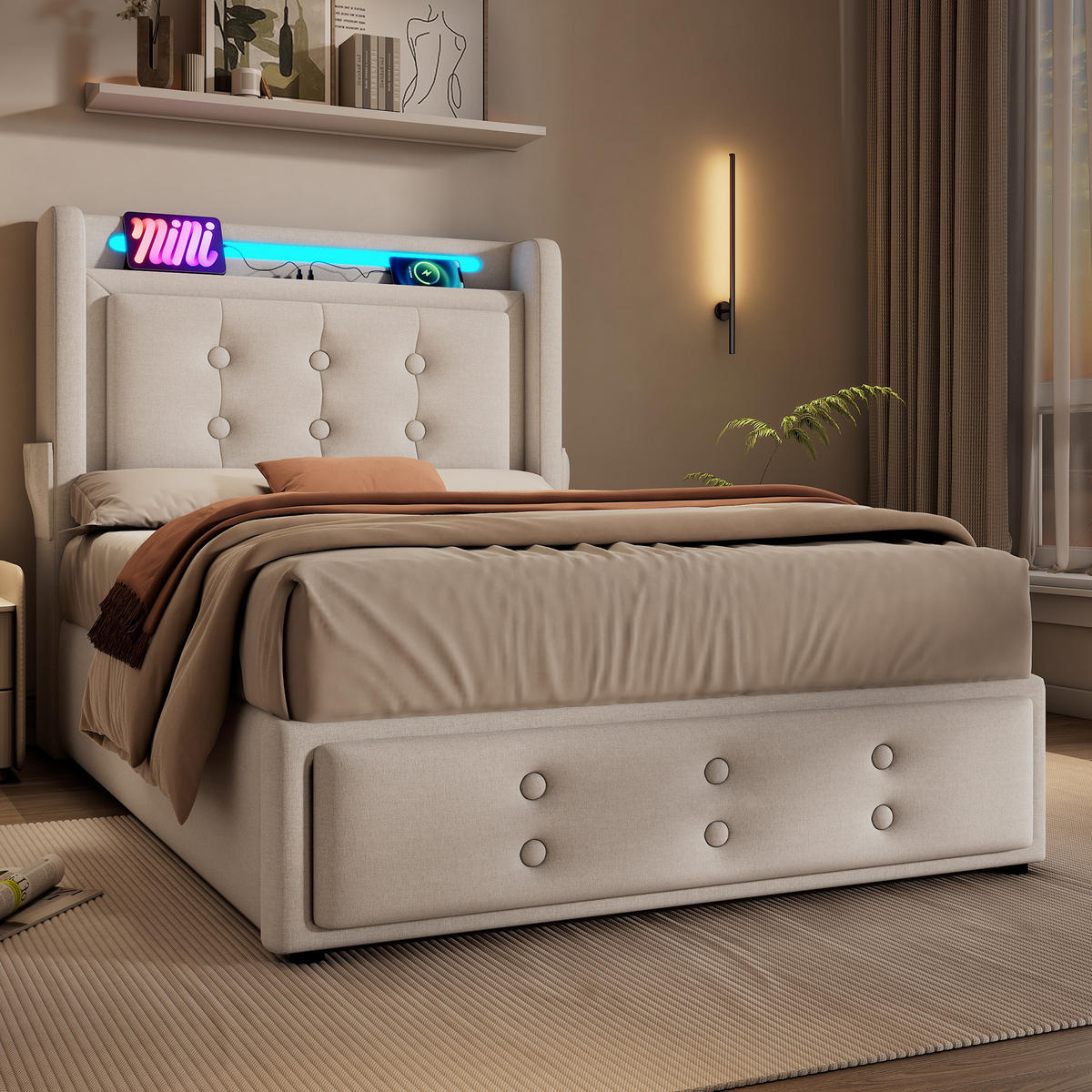 POLSTERBETT mit LED, Ladefunktion und Stauraum 90x200 cm Beige - Beige, Metall (90/200cm) - Meubliv