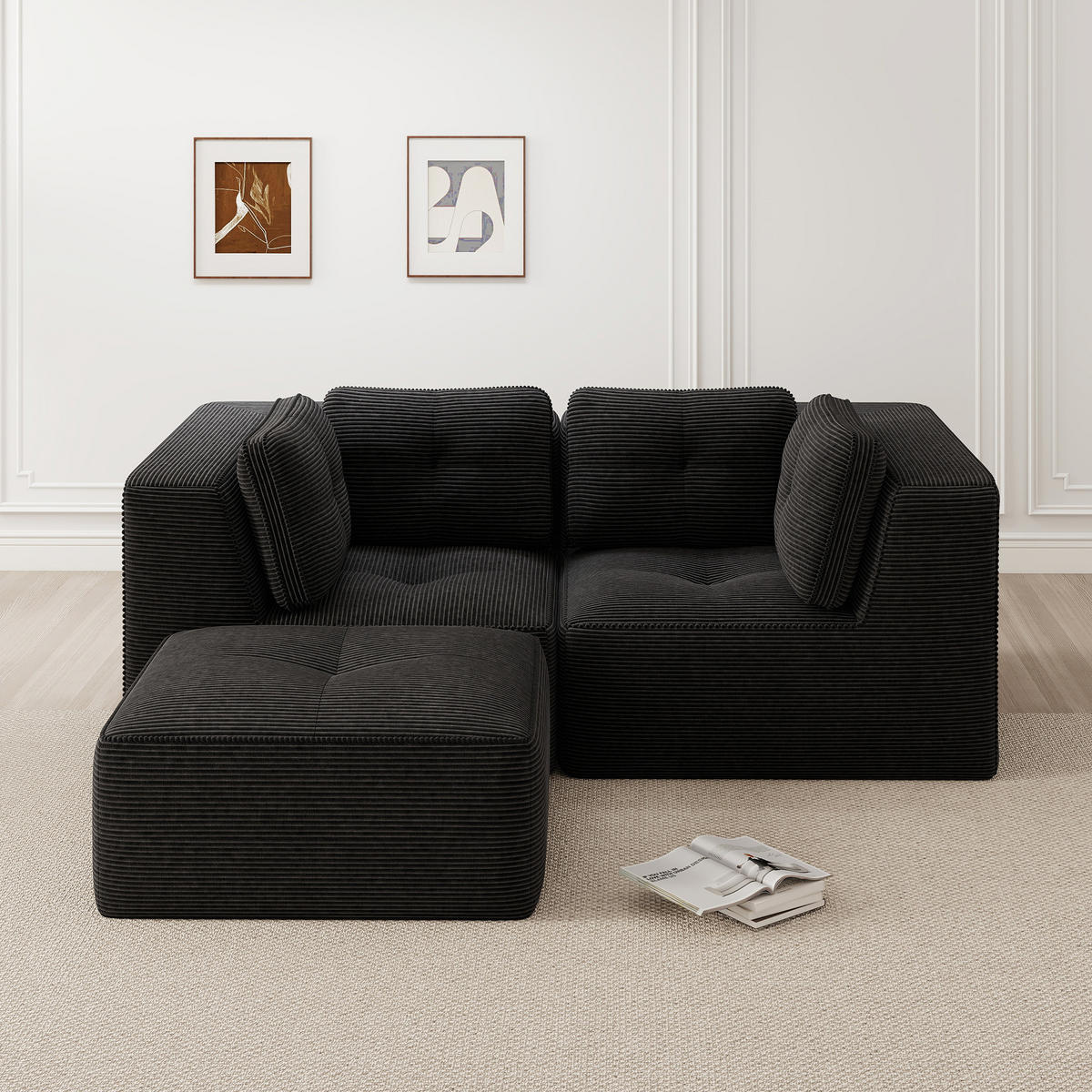 2-SITZER Sofa 208x177x69 cm aus Cordstoff rahmenlos modular mit beweglicher Fußstütze, schwarz - Schwarz, Textil (177/69/208cm)