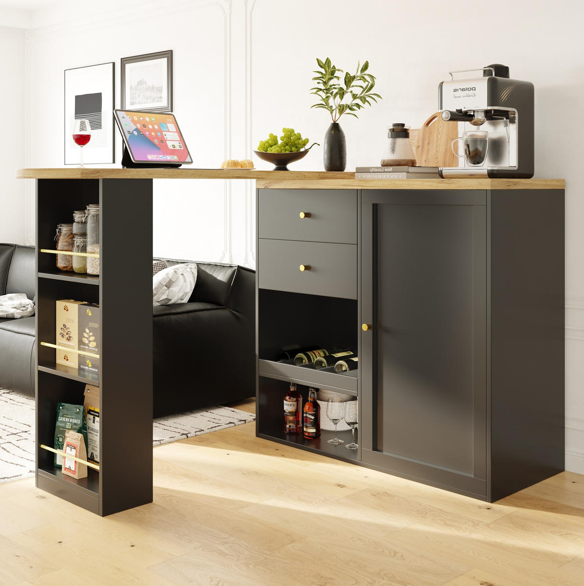 DREHBARER Bartisch/Schrank aus MDF, 105/39/102 cm + drehbares Regal, Schwarz, mit 4 Schubladen - Schwarz, Holzwerkstoff (39/102/105cm) - Redom