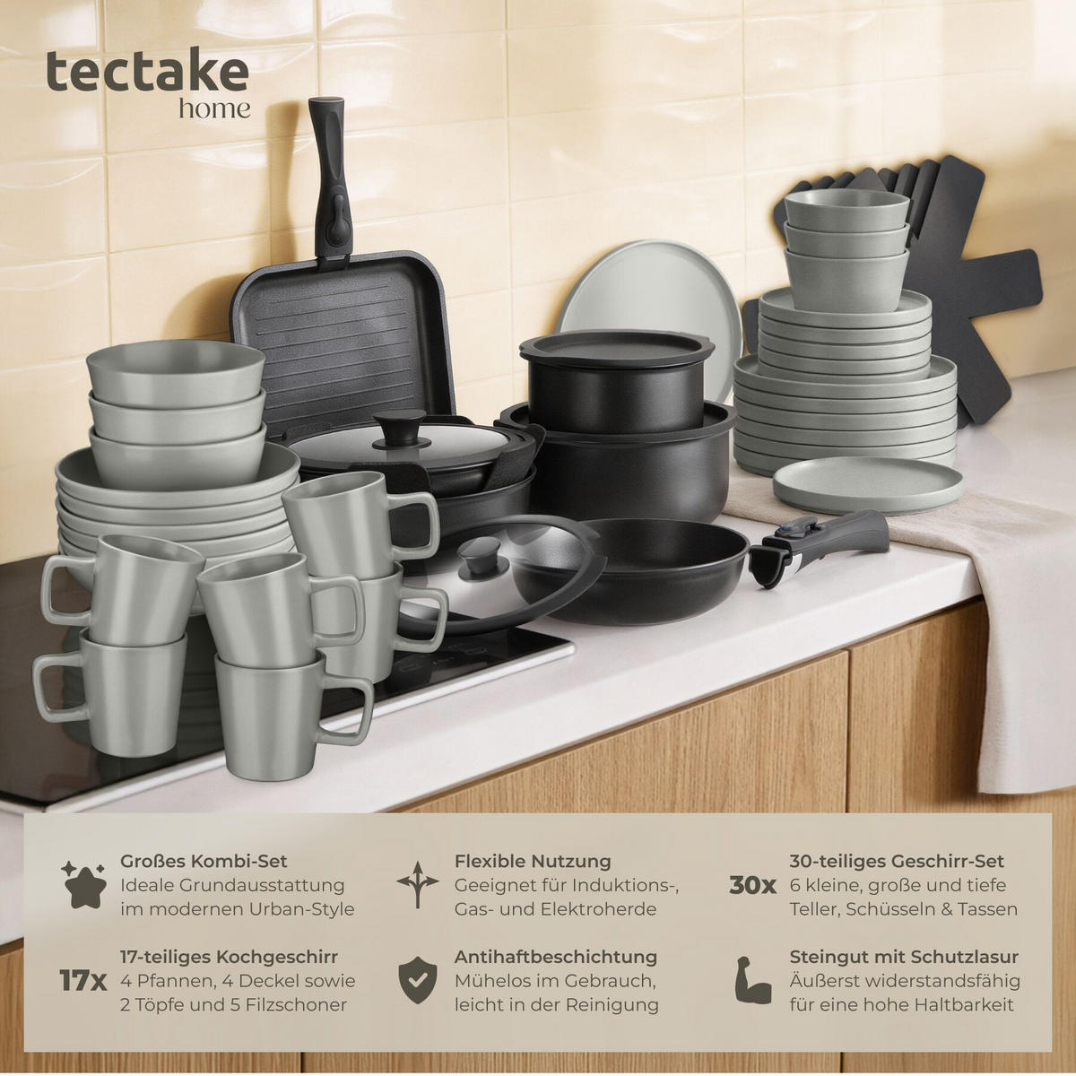 KÜCHENSTARTERSET 47er Set Una/Parma, inklusive Topfschonern und anklemmbaren Griffen, grau/schwarz - Schwarz/Grau, Keramik (30/8.5/46.5cm) - tectake