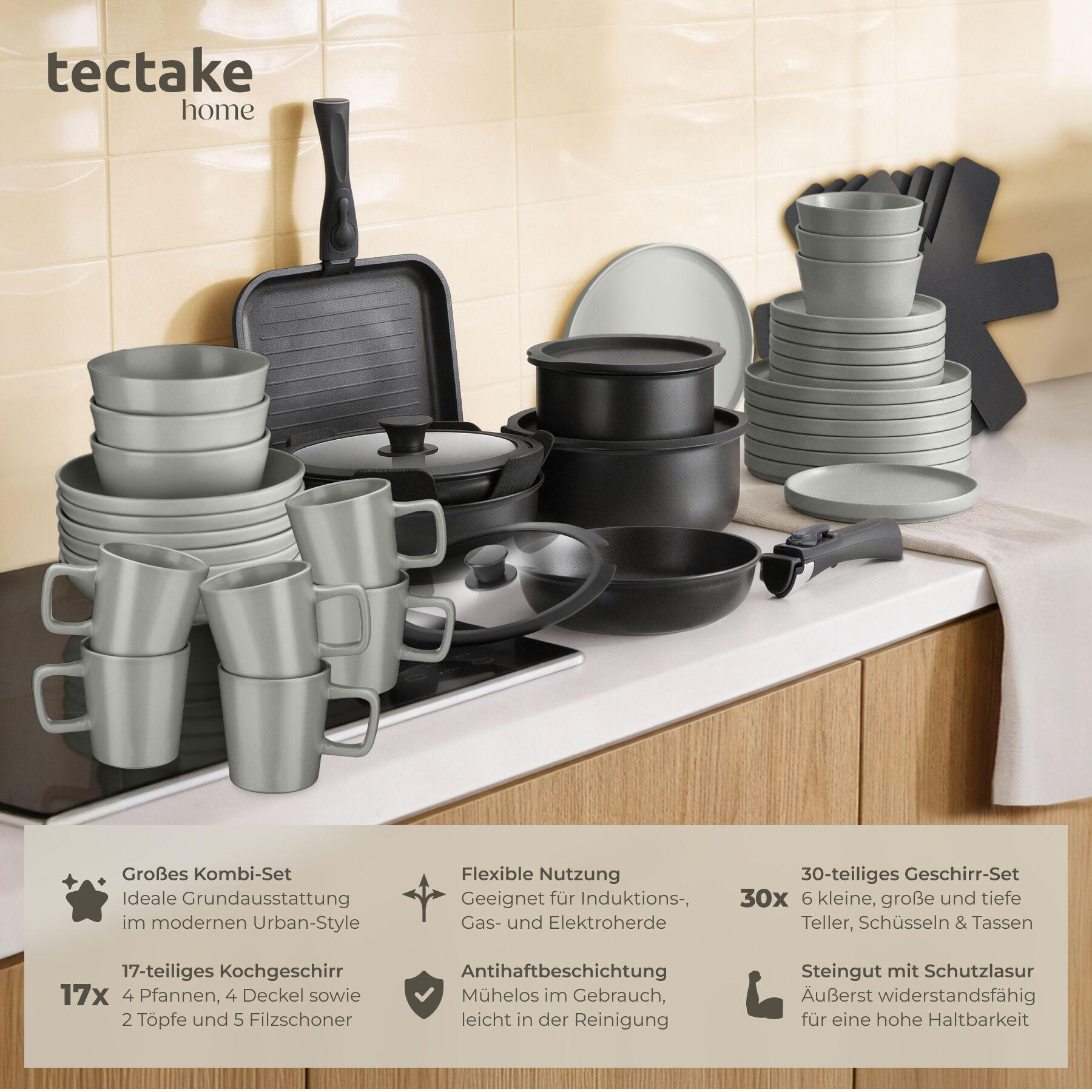 Thumbnail - tectake Küchenstarterset, Grau, Schwarz, Keramik, Rund, 30x8.5x46.5 cm, Essen & Trinken, Geschirr, Geschirr-Sets