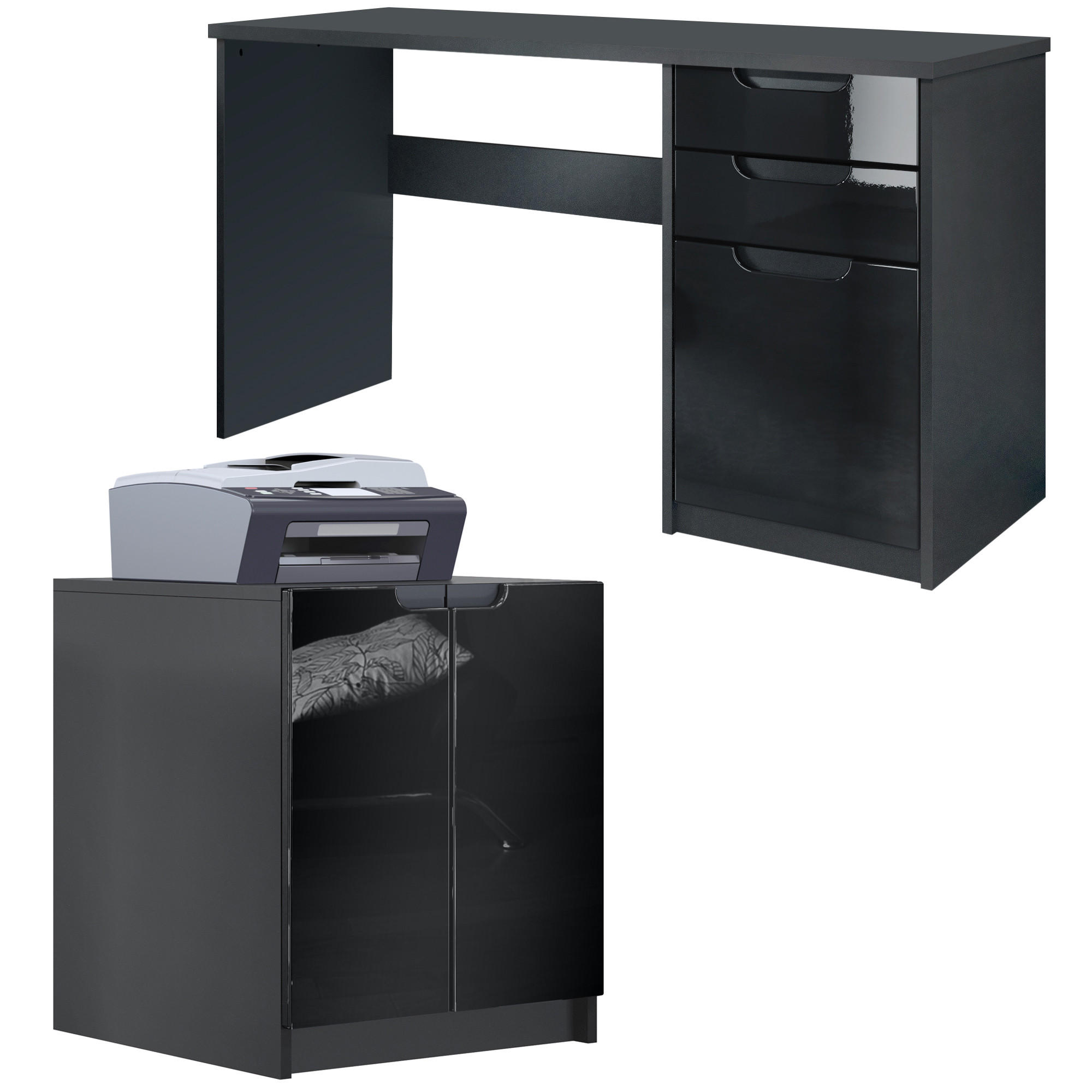 BÜROMÖBELSET Paris Schwarz Hochglanz - Schwarz Hochglanz, Holzwerkstoff (60/180/76cm) - Vladon