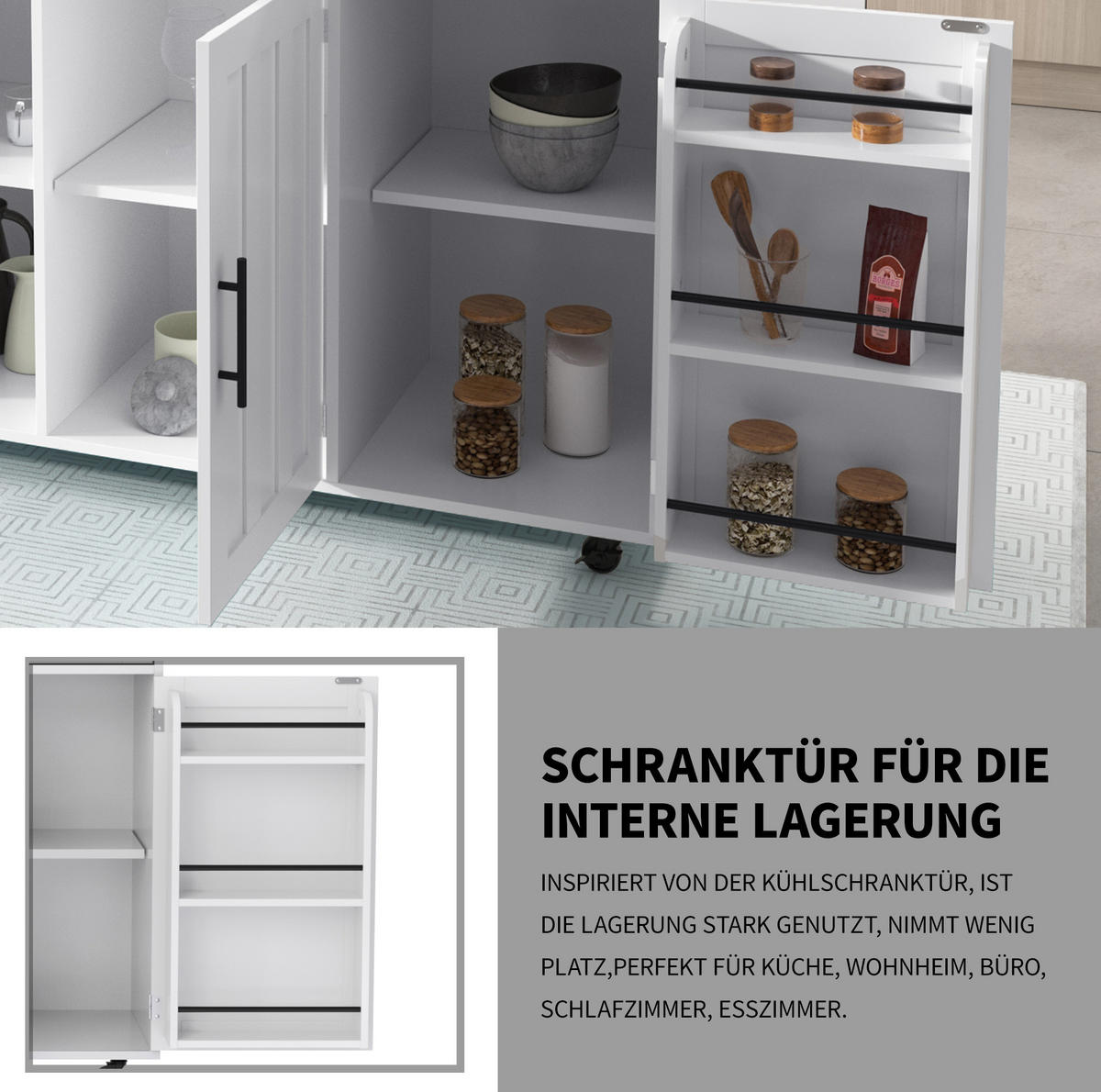 KÜCHENINSEL aus MDF 129x46x91,5 cm Weiß mit klappbarer Arbeitsplatte, Stauraum, Rädern und wechselbaren Massivholzfüßen - Weiß, Holzwerkstoff (120/91.5/46cm) - Modfu