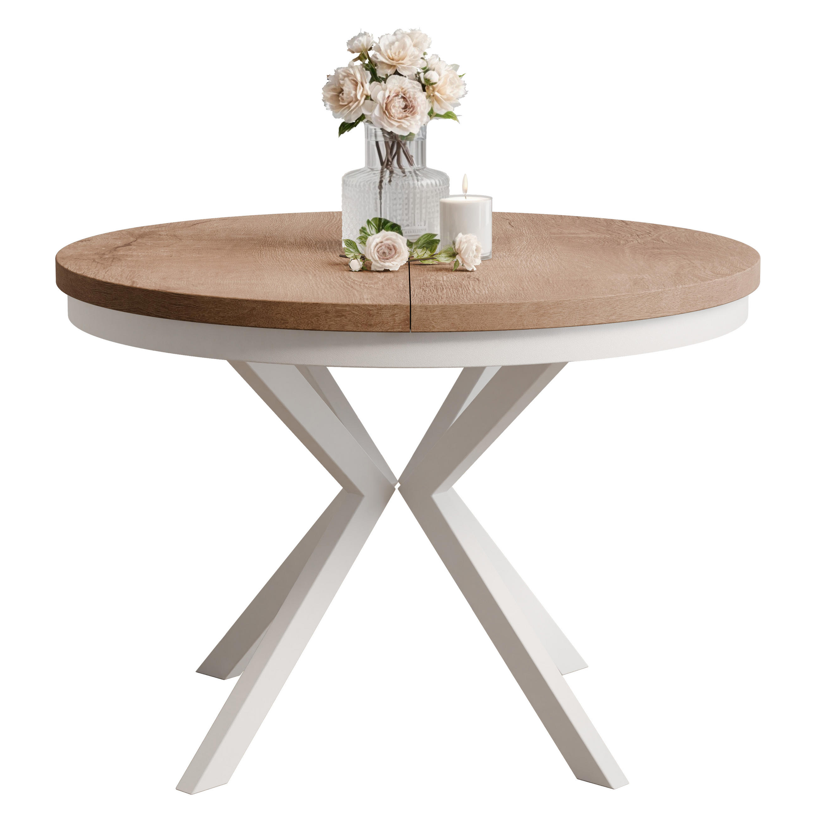 AUSZIEHTISCH MILTON 120-196/76 cm mit Metallgestell, Weiß / Lefkas-Eiche - Eichefarben/Weiß, Holzwerkstoff/Metall (120/120/76cm) - Idohome