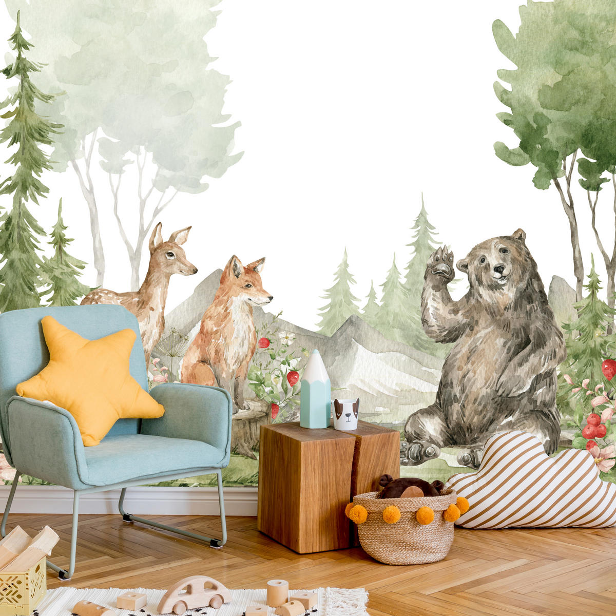 FOTOTAPETE für Kinderzimmer Aquarell Waldtiere Fuchs Reh Tragen 450x315 - Multicolor, Papier (450/315cm) - Muralo