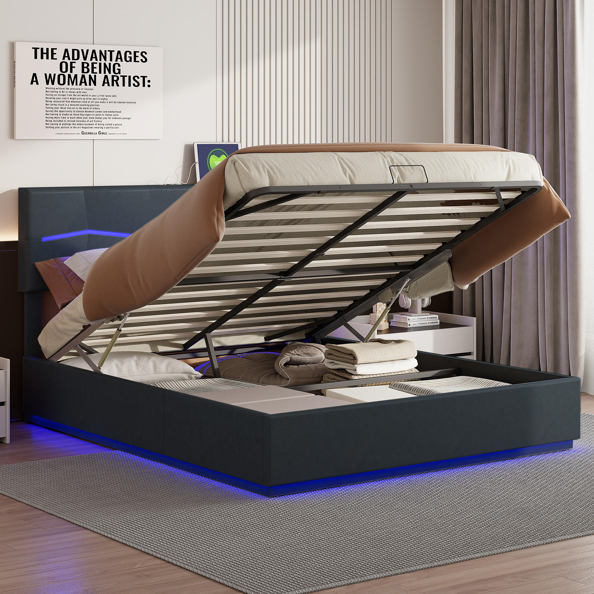 POLSTERBETT 160x200 cm, Schwarz, mit LED & USB-Typ-C-Ladeanschluss - Schwarz, Textil/Metall (160/200cm)