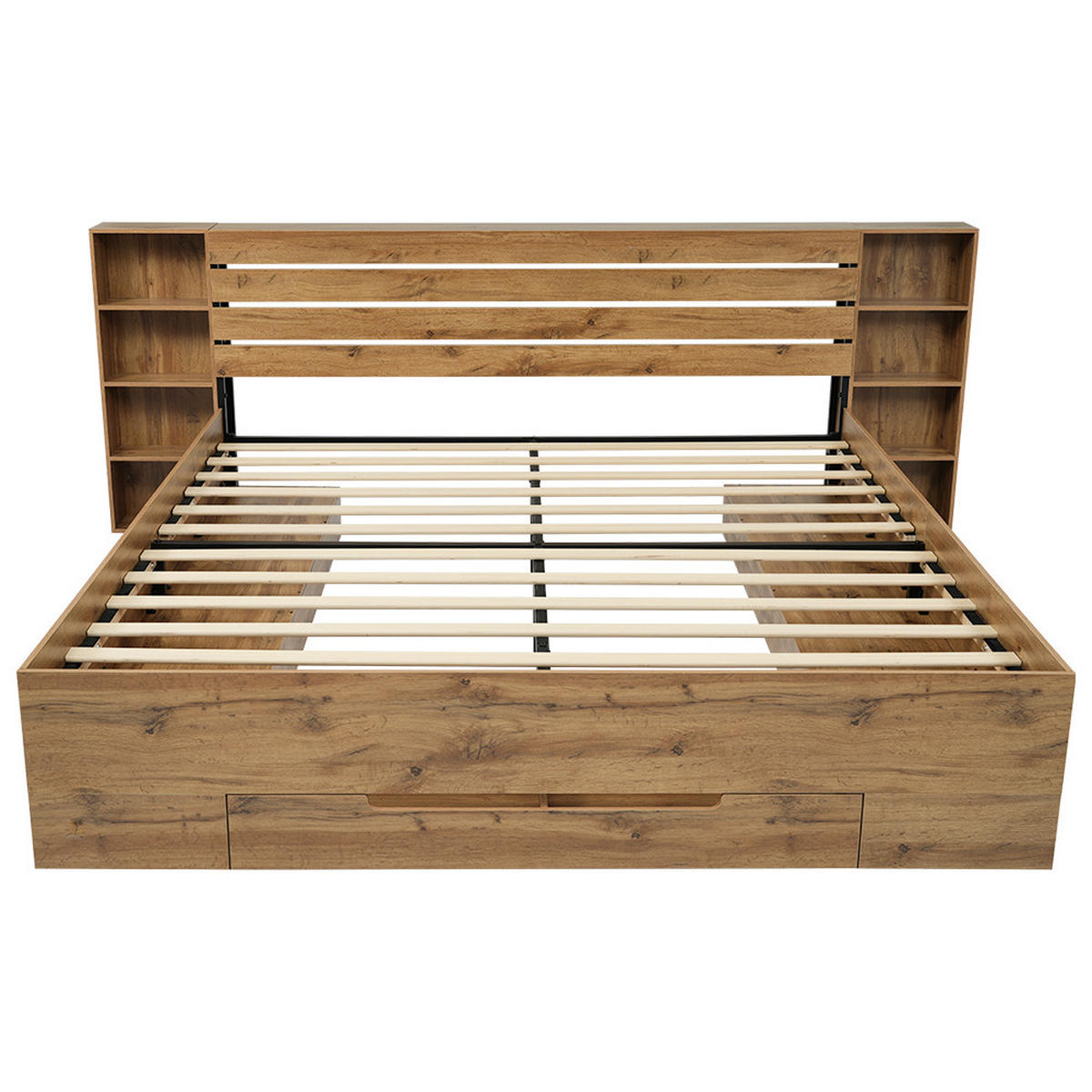 DOPPELBETT 180/200 cm mit LED-Beleuchtung, USB-C, Stauraumkopfteil und Schubladen, Eiche - Eichefarben, Metall (180/200cm) - Redom