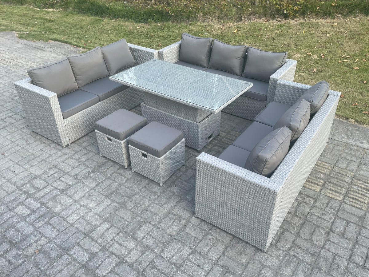 GARTENSOFA SET mit höhenverstellbarer Tisch Polyrattan Helles Grau 6-teilige - Hellgrau, Metall - Fimous