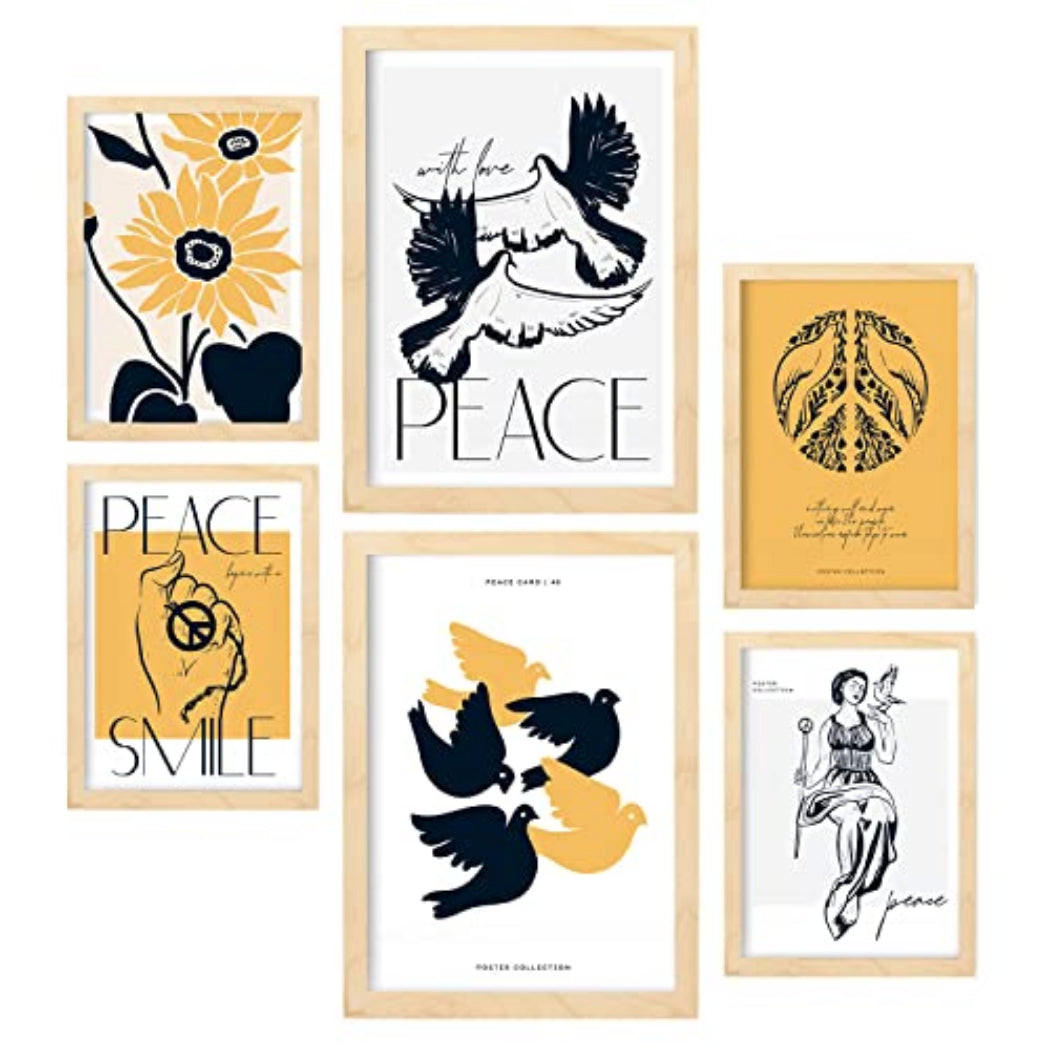 POSTER Set Mit 6 In Schwarzer Tinte Friedenstauben Kunstdrucke Von Meer Und Ozean Für Innenarchitektur A3 & A4 Rahmen Aus Hellem Holz - Beige, Papier (29/3cm) - Nacnic