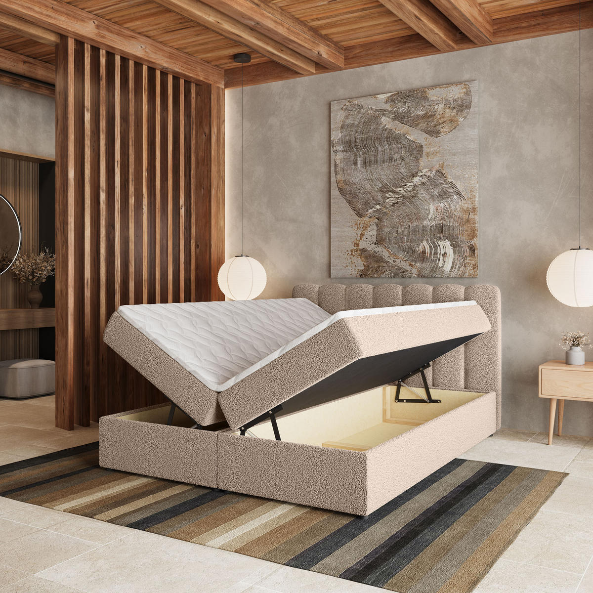 BOXBETT SOLIA 140x200 cm mit Matratze und Topper, H2+H3 - Beige - Beige, Holz (140/200cm) - MASSENO