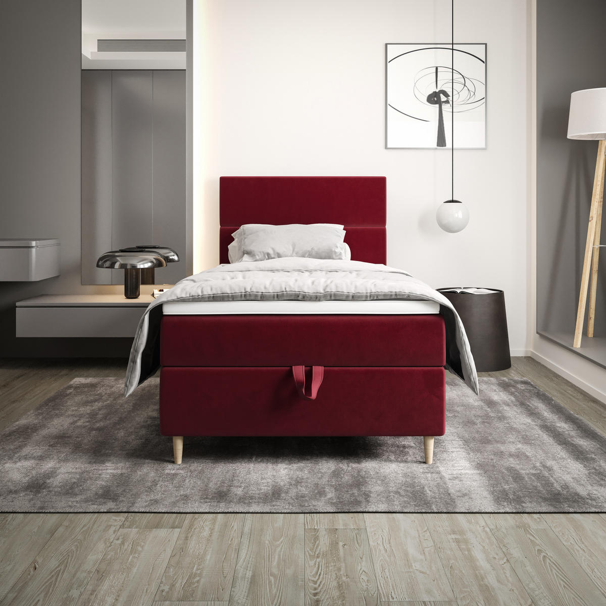 BOXBETT FLO 90x200 Itaka 34, mit Matratze H3, Bonell und Topper, Rot - Rot, Holz/Textil (90/200cm) - Bedante