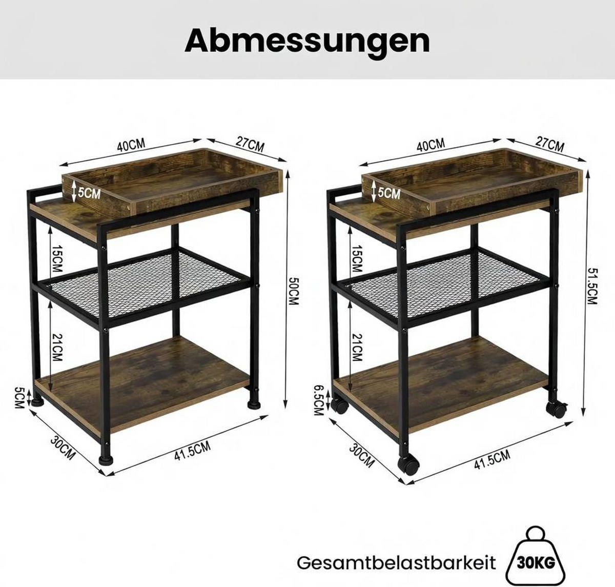 BEISTELLTISCH, mit Rollen, 3 Ablagen 1 abnehmbares Tablett - Dunkelbraun/Schwarz, Holzwerkstoff/Metall (28.5/41.5/51.5cm) - Woltu