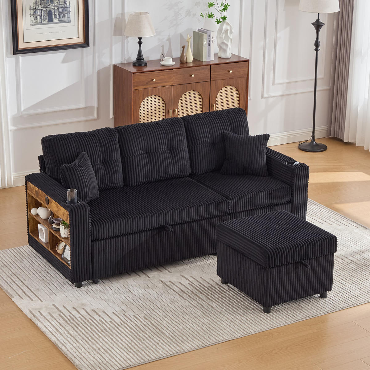SCHLAFSOFA 3-er Sofa mit Schlaffunktion,Aufbewahrungshocker,Cord,Schwarz - Schwarz, Textil (196/85/119cm) - LVHOM
