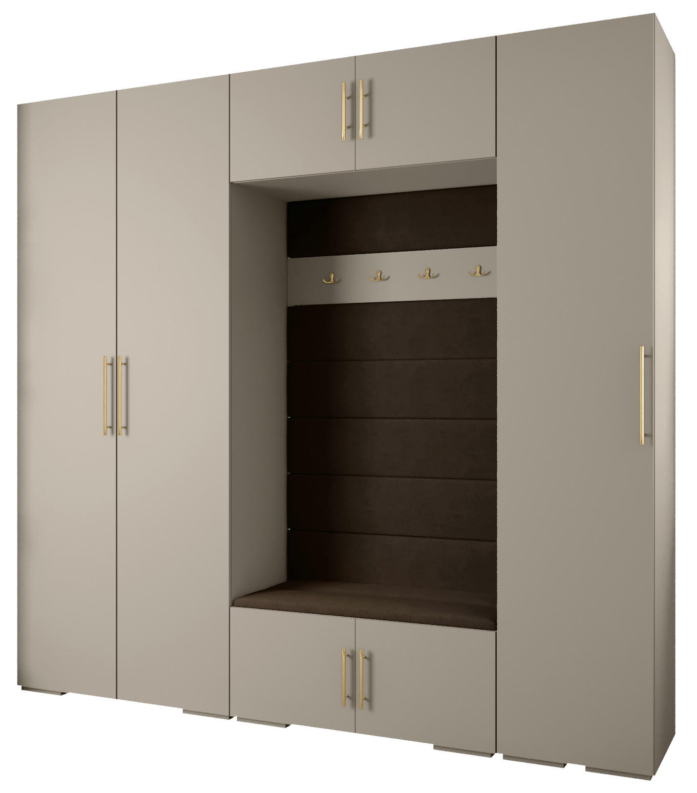 Abiks Möbel Garderoben-Set Kaschmir, Dunkelbraun, Gold 250x236.7x47 cm