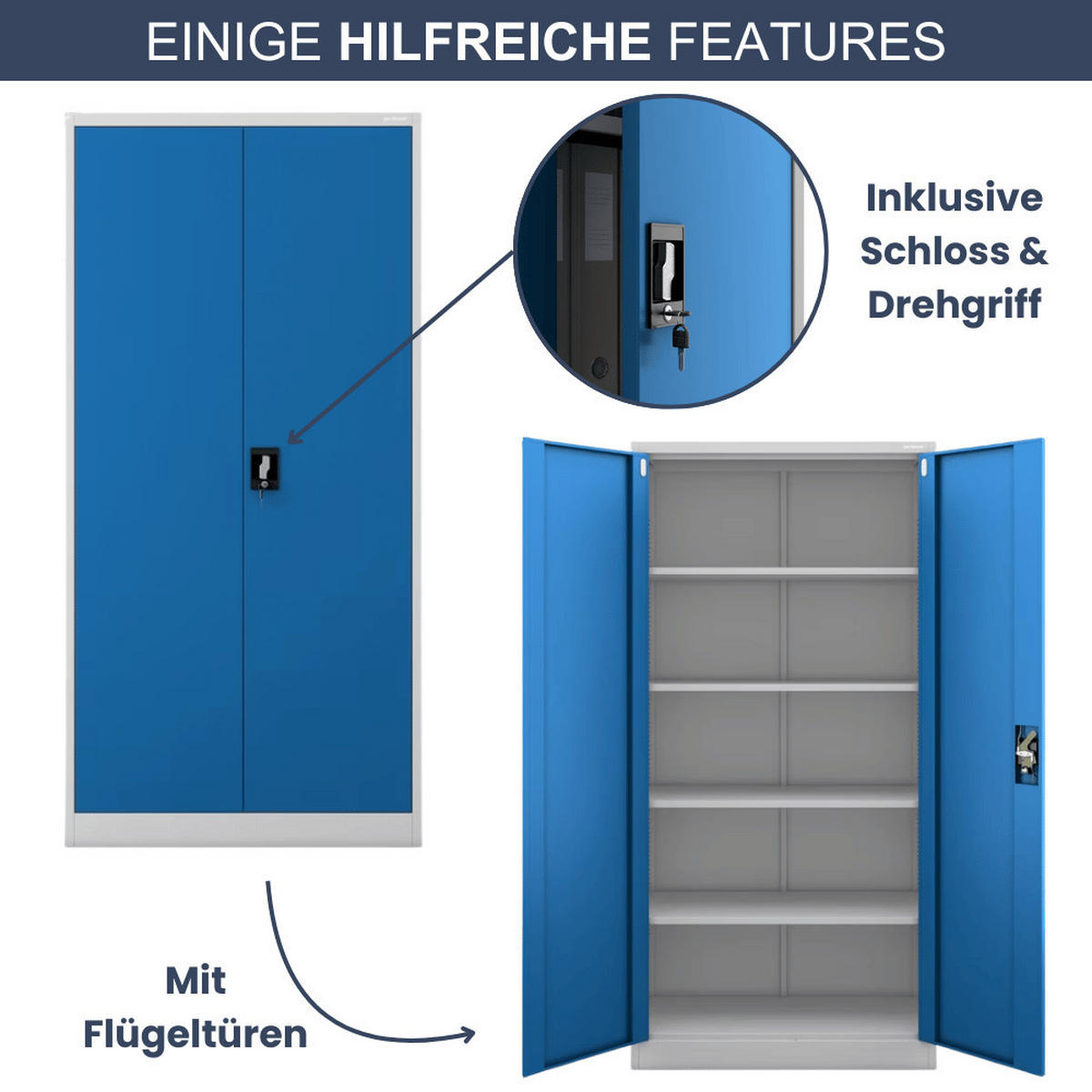 AKTENSCHRANK abschließbar KADO mit Flügeltüren 185x90x40cm Grau-Blau - Grau, Metall (90/185/40cm) - DELUKE
