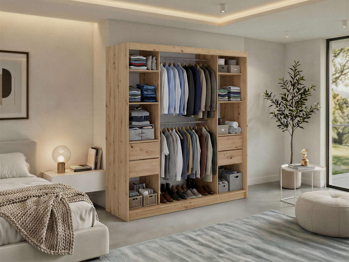 SCHWEBETÜRENSCHRANK mit Schubladen 200 - VERONA - Eiche Artisan mit Spiegel - Alufarben/Eiche Artisan, Holzwerkstoff/Metall (200/216/61cm) - MKS