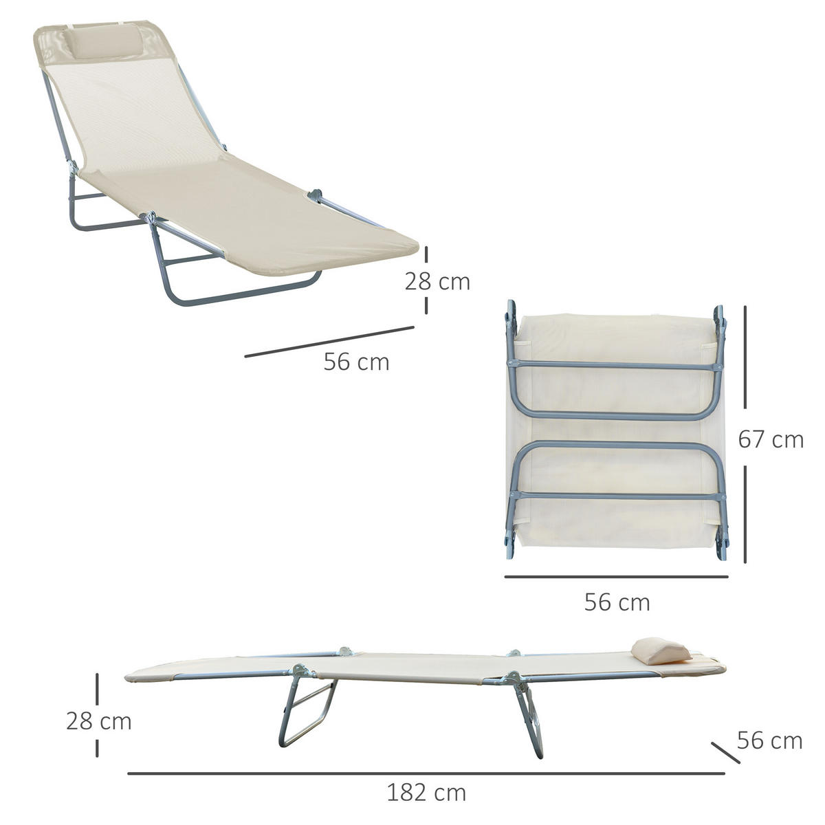 SONNENLIEGE Klappbare mit verstellbarer Rückenlehne und Kissen 182 x 56 x 24,5 cm - Beige, Metall (56/24.5/182cm) - Vallsero