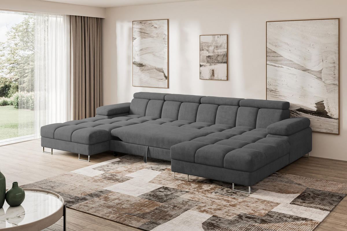 WOHNLANDSCHAFT mit Schlaffunktion und Bettkasten COMA U2 345x203x79 Dunkelgrau Velours - Dunkelgrau, Holzwerkstoff/Textil (345/79/203cm) - ALTDECOR