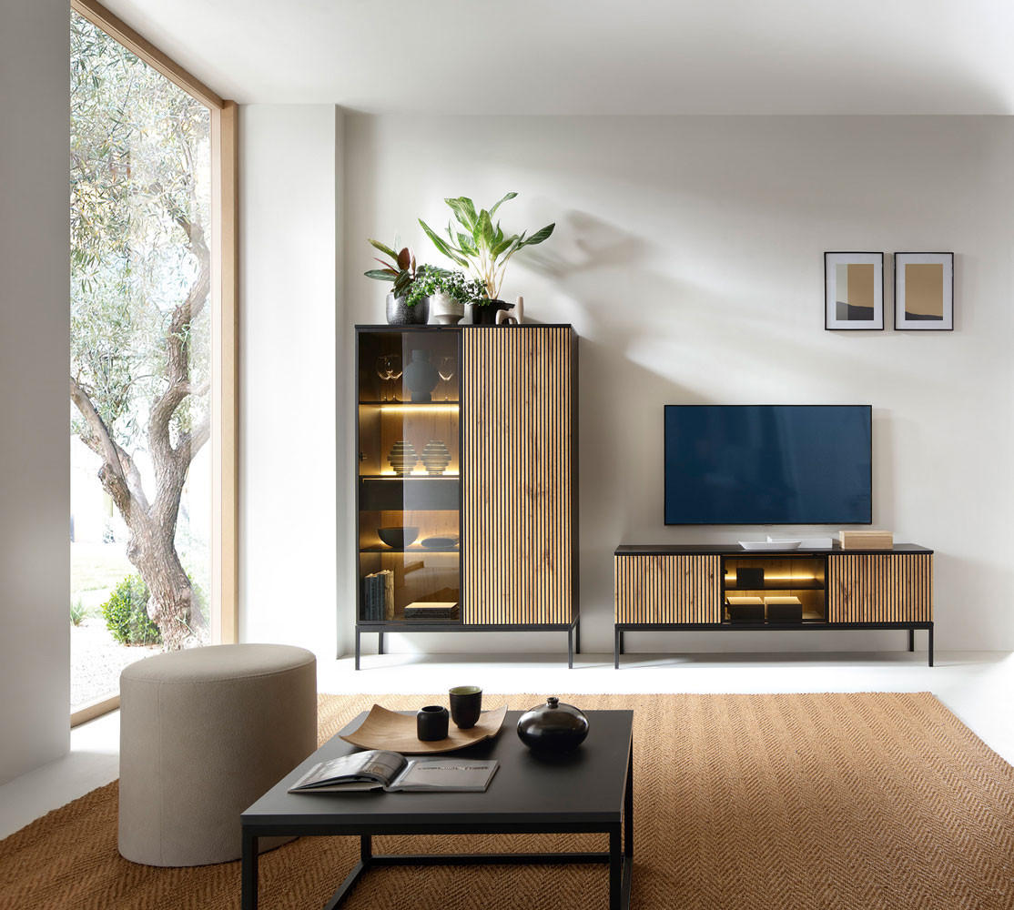 Thumbnail - Feldmann-Wohnen Wohnzimmer-Set, Schwarz, Braun, Holz, 6 Fächer, 1 Schubladen, Rechteckig, 258x166x39 cm, Wohnzimmer, Woh...