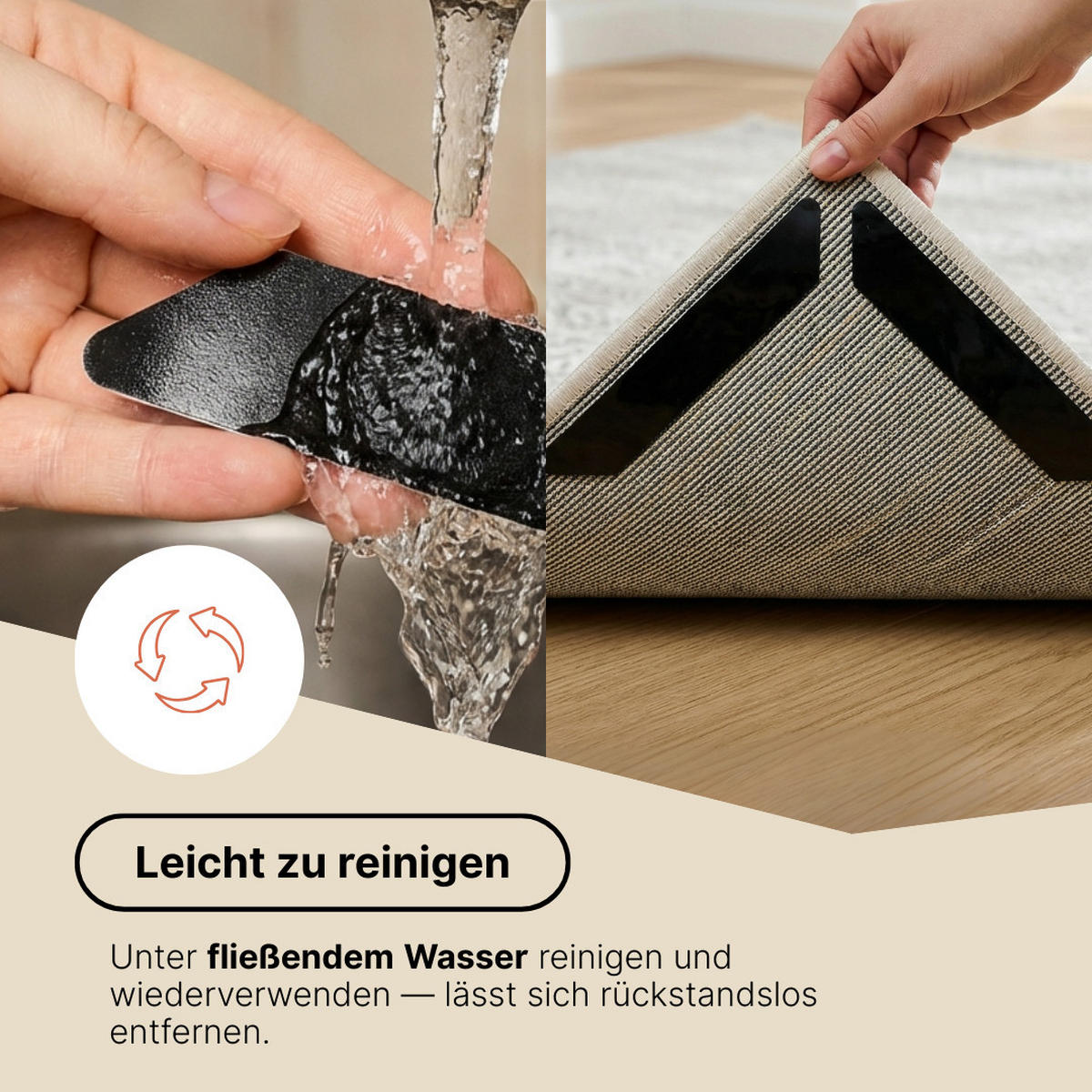 RUTSCHFESTE Teppichstopper 8er Set – selbstklebend, wiederverwendbar & unsichtbar, 180 x 30 mm - Schwarz, Kunststoff (3/18cm)