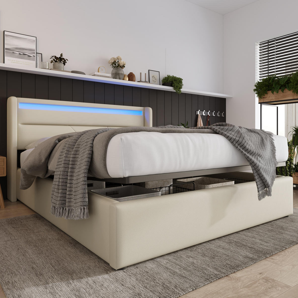 BETT mit LED und Bettkasten 160x200 cm PU Weiß - Weiß, Metall (160/200cm) - Meubliv