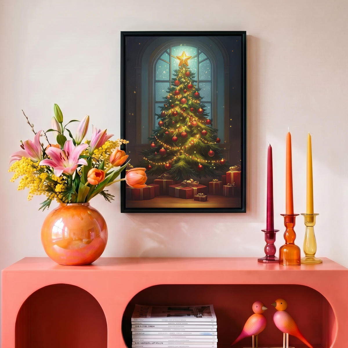 LEINWAND Bilder mit Rahmen - Weihnachtsbaum - Geschenk - Winter - 20x30 - Grün, Textil (20/30cm) - MuchoWow