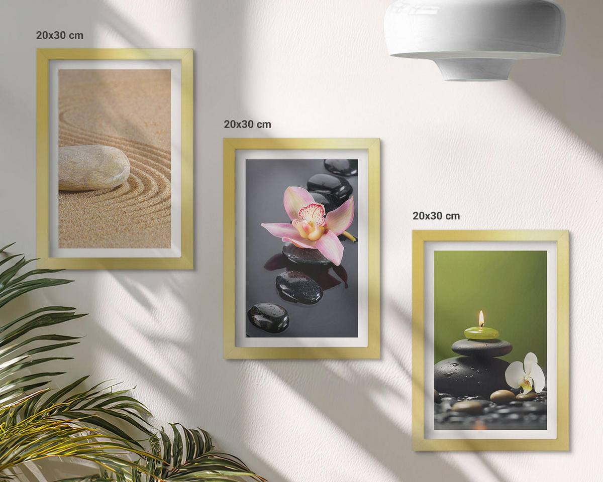 WANDBILDER 3er Set - 20x30 cm Goldrahmen - Entspannende Zen-Steinmotive - Goldfarben, Kunststoff (20/30cm) - ArtPrintCave