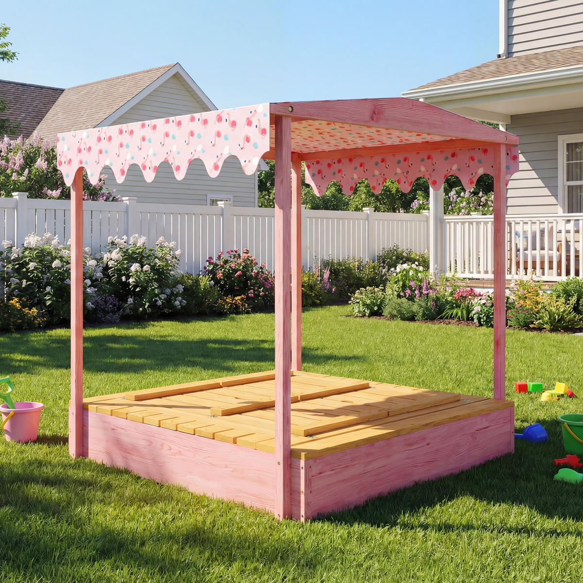 SANDKASTEN DE-18761 mit Klappbänken & Flamingo-Sonnensegel - Pink, Holzwerkstoff (134.5/127.5/130cm) - ComfortXL
