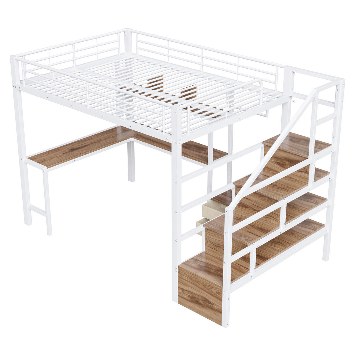 HOCHBETT 140/200 cm mit Eisenrahmen Weiß, Schreibtisch, Stauraumtreppe und LED-Licht - Weiß, Metall
