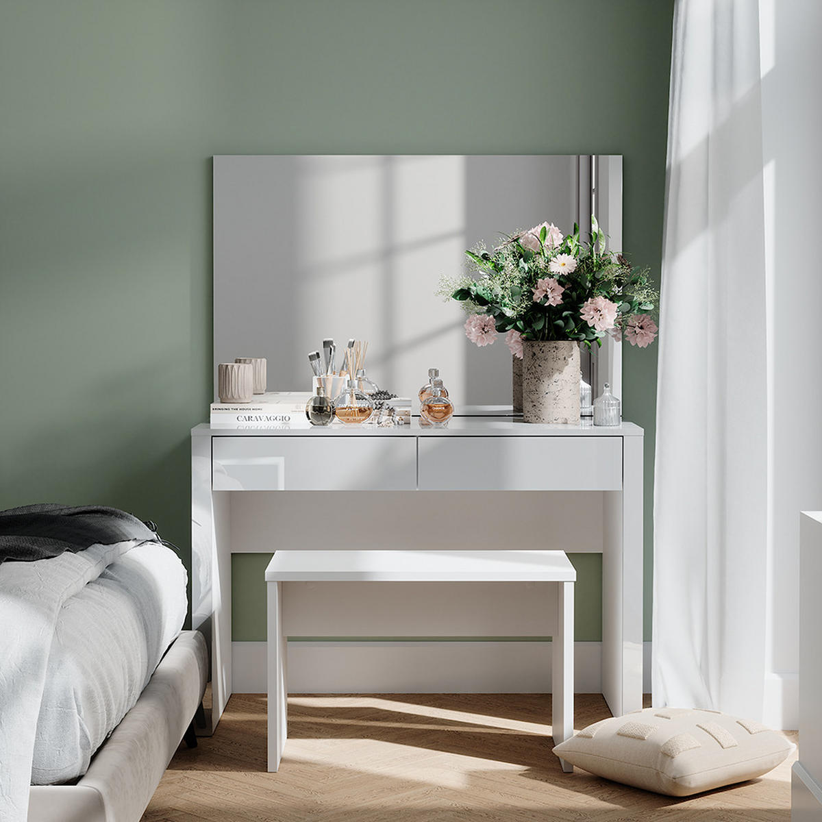 SCHMINKTISCH Annabelle Weiß Hochglanz/Weiß 110 cm mit Spiegel und Bank - Weiß Hochglanz/Weiß, Holzwerkstoff (110/75.5/50cm) - Vicco