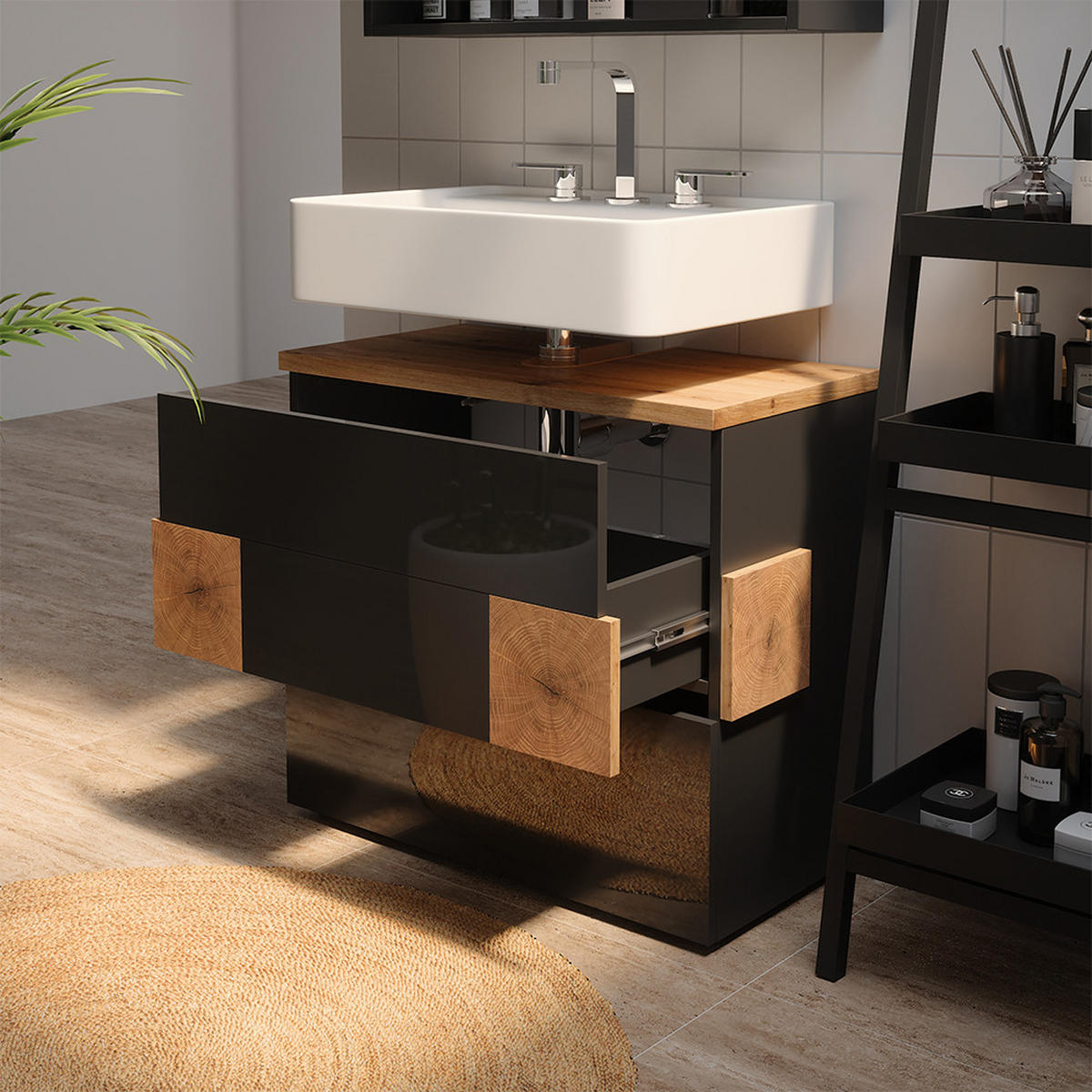WASCHBECKENUNTERSCHRANK Eden Anthrazit 70 x 64.5 cm mit 2 Schubladen - Anthrazit/Eiche Artisan, Holzwerkstoff (70/64.5/37cm) - Vicco