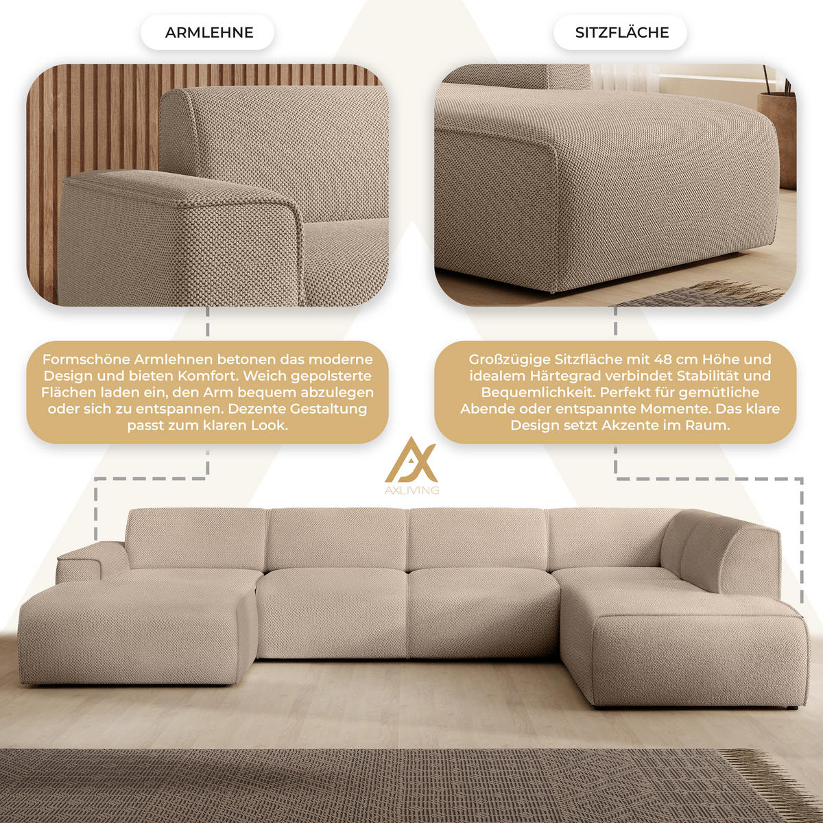 WOHNLANDSCHAFT Didim Beige 378/220/78 cm – großes Sofa stilvoll & bequem R - Beige/Schwarz, Kunststoff/Textil (378/78/220cm) - AX Living