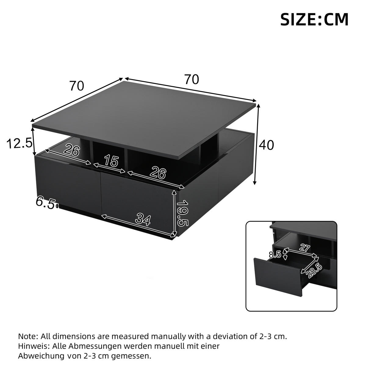 COUCHTISCH 70/70/40 cm schwarz mit 4 Schubladen und LED-Beleuchtung - Schwarz, Holzwerkstoff (70/70/40cm) - OKWISH